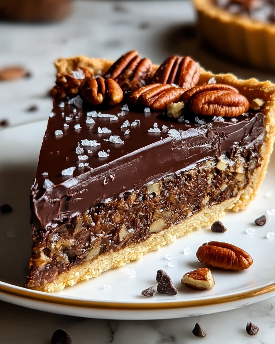 A close-up of a slice of pecan chocolate tart with three visible layers: a light crumbly crust at the bottom, a thick, dark brown chocolate and nut filling in the middle with a slightly rough texture, and a smooth, glossy dark chocolate ganache topping. The top layer is decorated with whole and chopped pecans and sprinkled with coarse sea salt flakes. The slice sits on a white plate with a slight golden rim, placed on a white marbled surface with scattered chocolate chips and small salt flakes around it. photo taken with an iphone --ar 4:5 --v 7