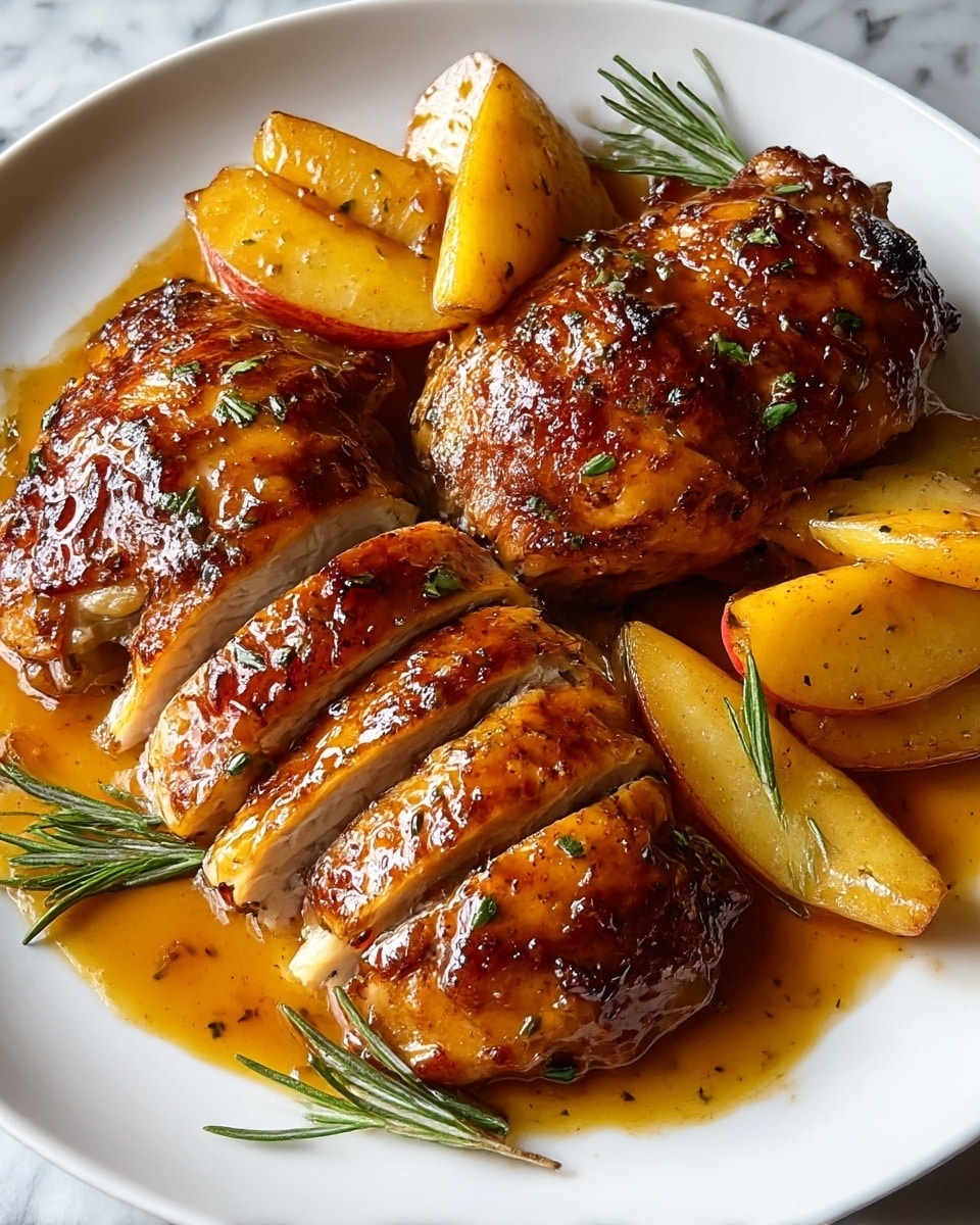 A white plate holds three thick pieces of golden brown roasted chicken, each piece glazed with a shiny, slightly charred sauce and sprinkled with small green herb bits. The chicken in the center is sliced into several thick pieces, showing tender white meat inside. Surrounding the chicken are several wedges of cooked apple, their pale yellow flesh with hints of red skin, glossy with glaze and slightly browned edges. A few sprigs of fresh green rosemary are placed around the chicken and apples, resting on pools of light brown sauce that coats the plate’s surface. The plate is on a white marbled surface. photo taken with an iphone --ar 4:5 --v 7
