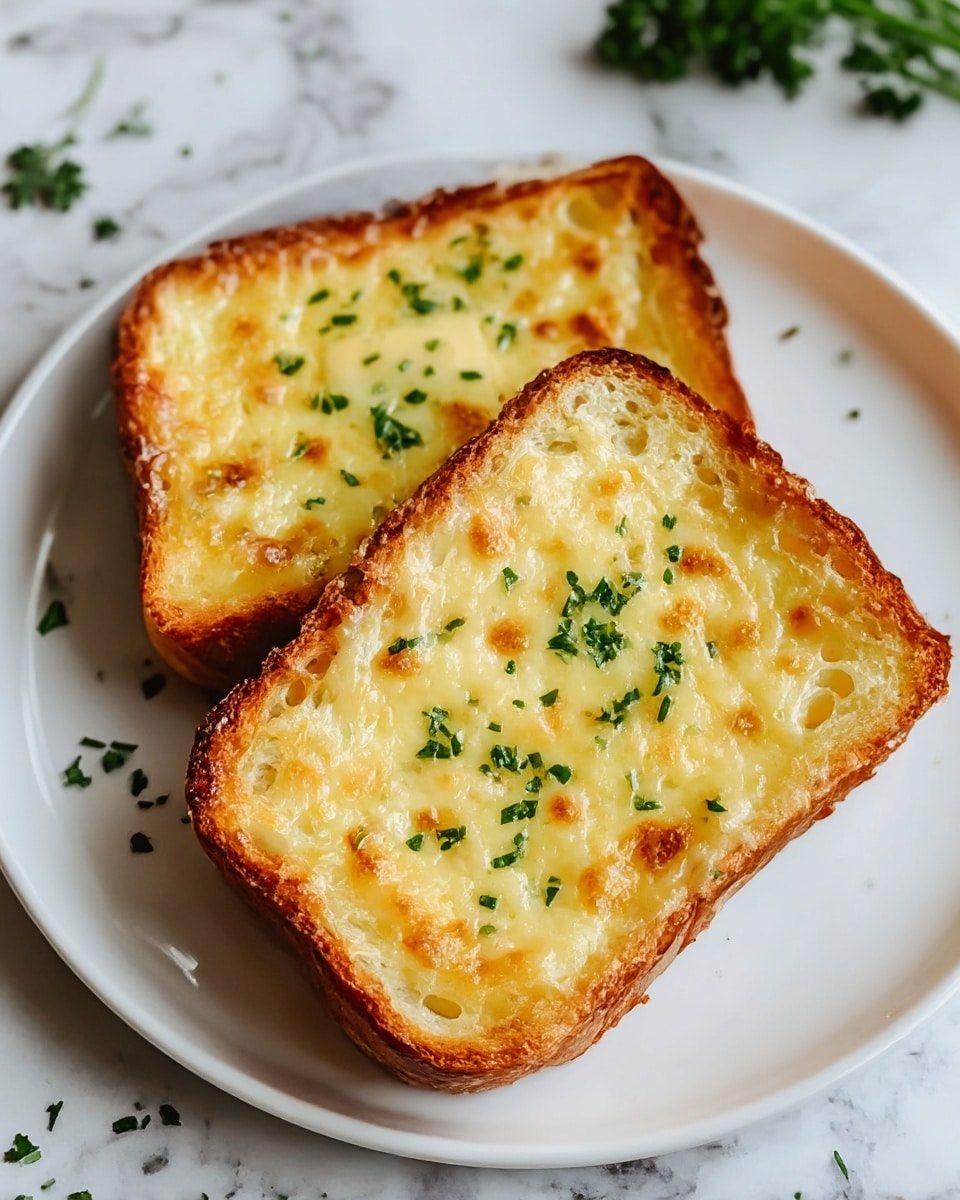 Two thick slices of toasted bread sit side by side on a white plate with a white marbled texture underneath. Each slice has a golden-brown crust, crispy and slightly raised, surrounding a soft-looking center. The top layer on the bread is melted cheese, bubbly and golden with small browned spots, giving a creamy texture. Small pieces of green parsley are scattered on top of the cheese and sprinkled around the plate’s edges to add a fresh contrast. Photo taken with an iphone --ar 4:5 --v 7