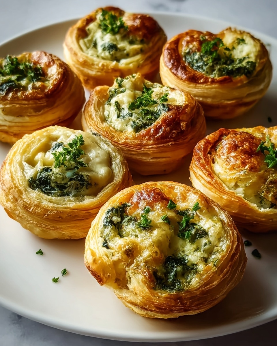 The image shows several small savory pastries arranged on a white plate, each with 3 to 4 layers of golden-brown, flaky puff pastry as the base. On top, there is a creamy, pale yellow layer mixed with green herbs, possibly spinach or parsley, giving a fresh and textured look. The tops are slightly browned and crisp, garnished with small bits of finely chopped green herbs for color contrast. The white marbled surface adds a clean and bright background to the warm tones of the pastries. photo taken with an iphone --ar 4:5 --v 7