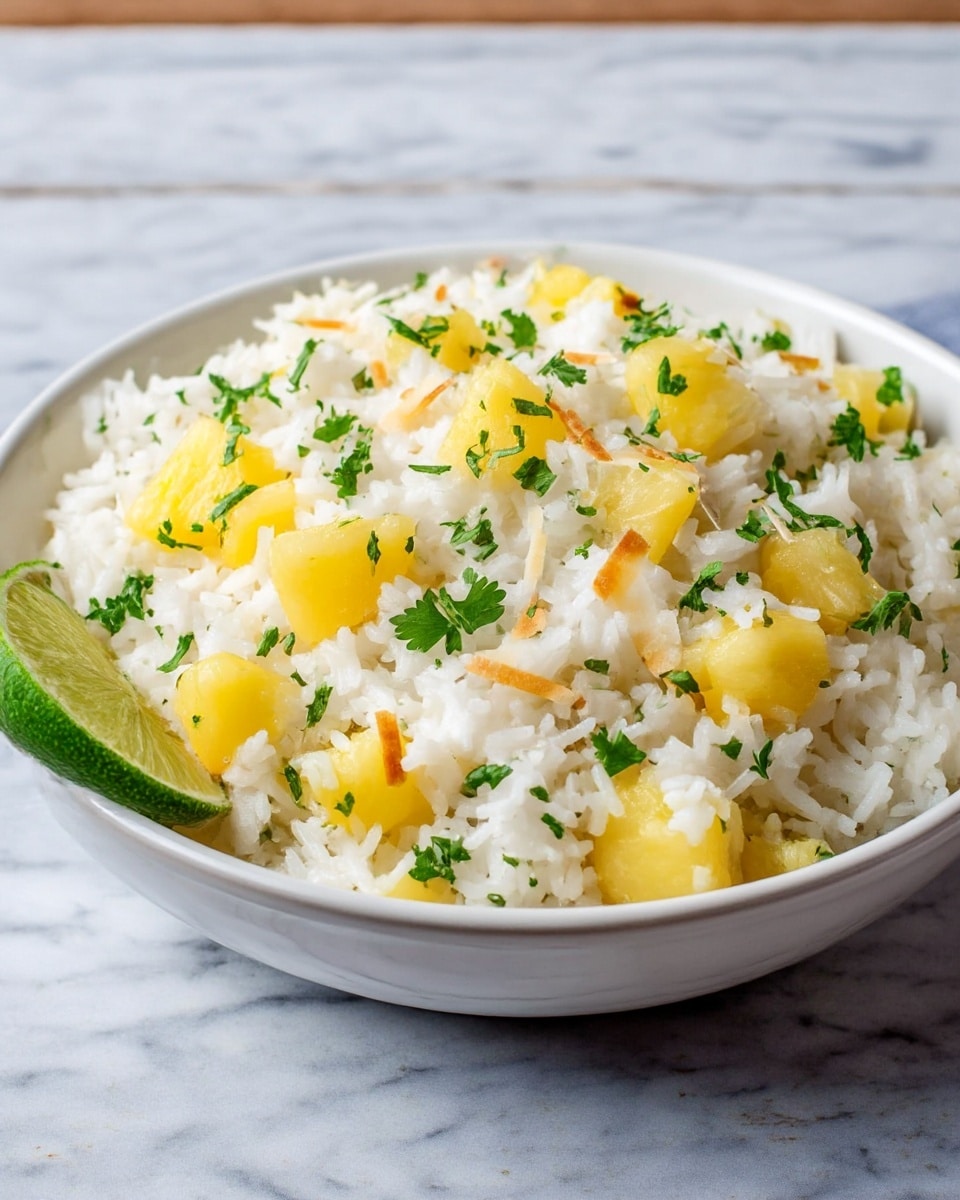 A white bowl filled with white rice mixed with yellow pineapple chunks scattered throughout. The rice and pineapple are topped with small green cilantro leaves and golden toasted coconut flakes. A lime wedge with a bright green color is placed on the left side of the bowl. The bowl sits on a white marbled surface with soft natural light coming from the background. photo taken with an iphone --ar 4:5 --v 7