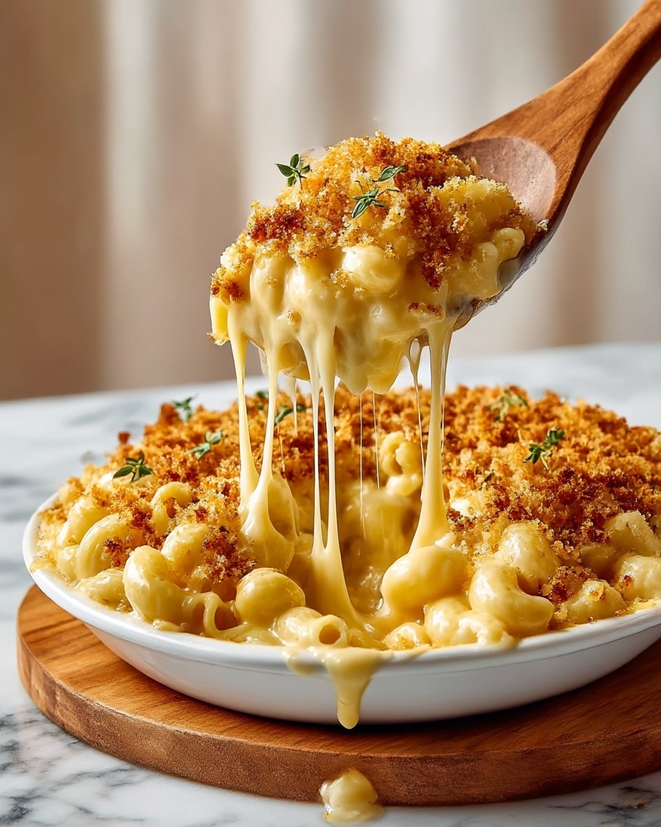 A white round dish filled with creamy macaroni and cheese topped with golden brown crispy crumbs and some small green herb leaves. The top layer is a crunchy crumb topping with rough texture, scattered evenly. Below is a thick, light yellow cheese sauce with shiny, melted stretchiness, flowing down the dish’s edge. Curved macaroni pasta pieces make up the main body, coated well in the creamy cheese sauce, visible under the crumb topping and cheese pull from a wooden spoon held above. The dish sits on a wooden round board on a white marbled textured surface. photo taken with an iphone --ar 4:5 --v 7
