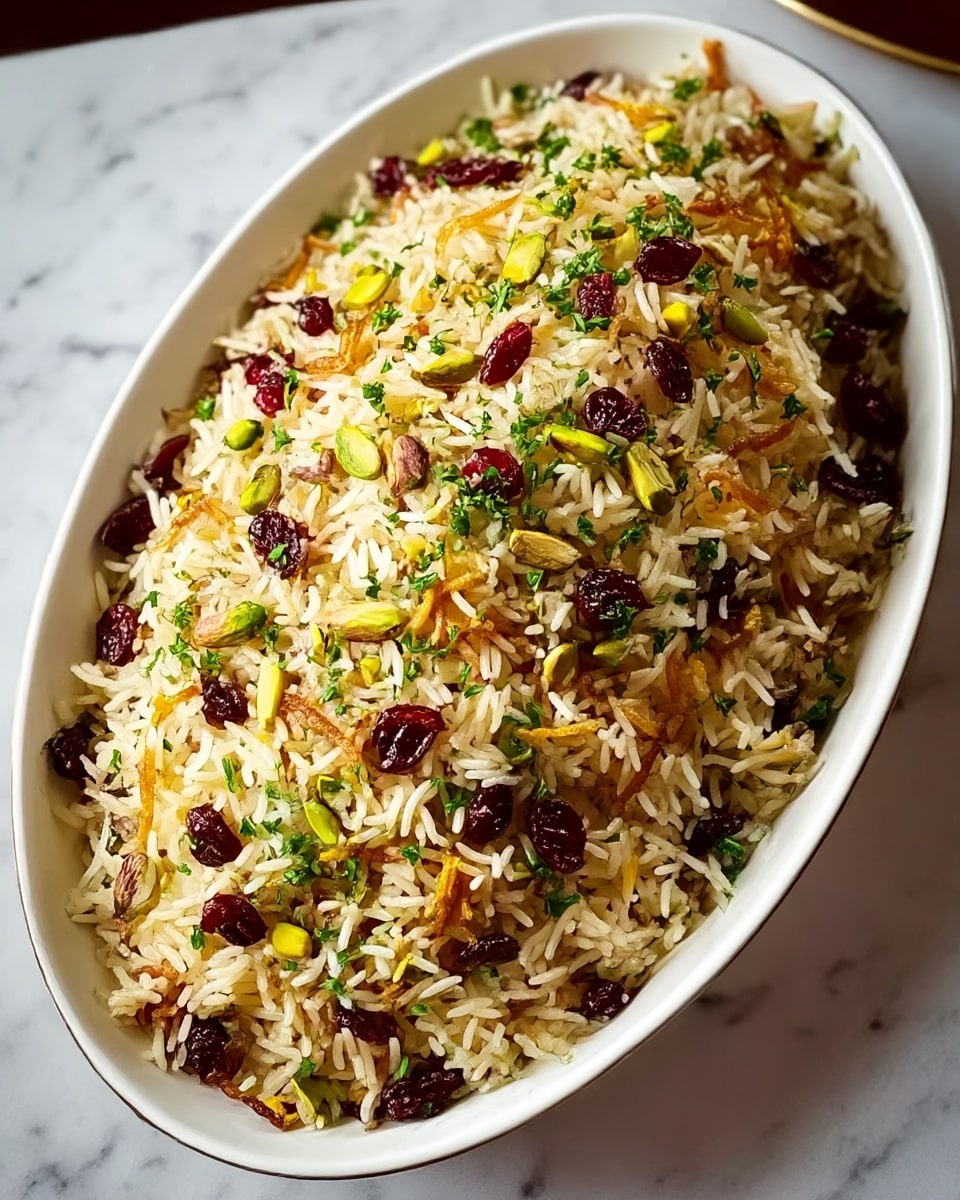 A white oval bowl filled with a colorful rice dish sits on a white marbled surface. The rice is long-grain and cooked, showing a fluffy texture with visible separate grains. Mixed throughout are dark red dried cranberries, pale yellow fried onions, bright green chopped herbs, and small pistachio pieces adding contrast and texture. The herbs are scattered evenly across the top, giving a fresh look. The fried onions add a golden brown color, and overall the dish looks rich, layered with different colors and textures. Photo taken with an iphone --ar 4:5 --v 7