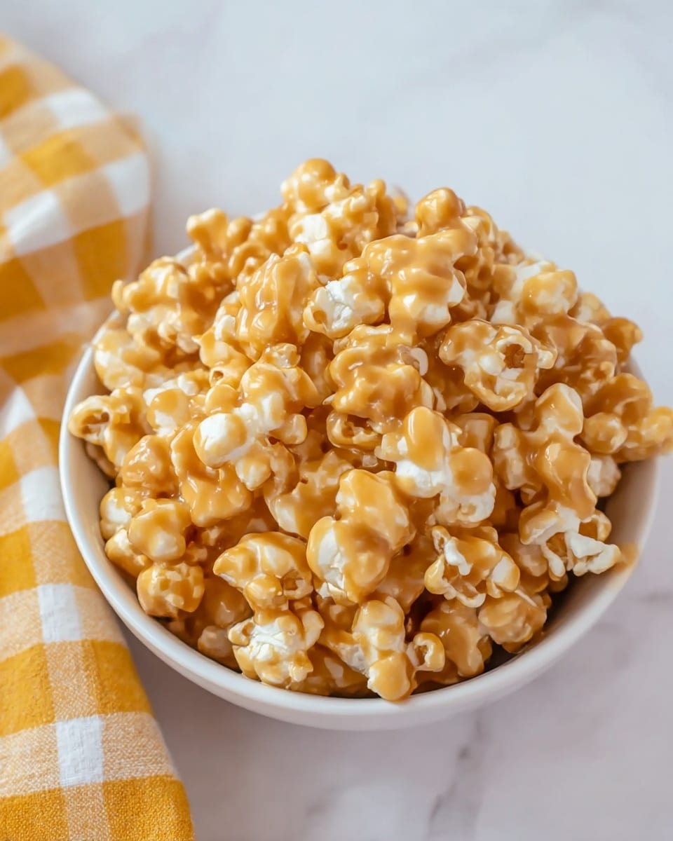 A white bowl filled with light, fluffy popcorn fully coated in a smooth, shiny caramel glaze, giving the popcorn a rich golden-brown color with a glossy texture. The popcorn clusters are piled high in the bowl, showing the contrast between the white popped kernels peeking through and the thick caramel layer covering many pieces. The bowl rests on a white marbled surface next to a folded yellow checkered cloth. photo taken with an iphone --ar 4:5 --v 7