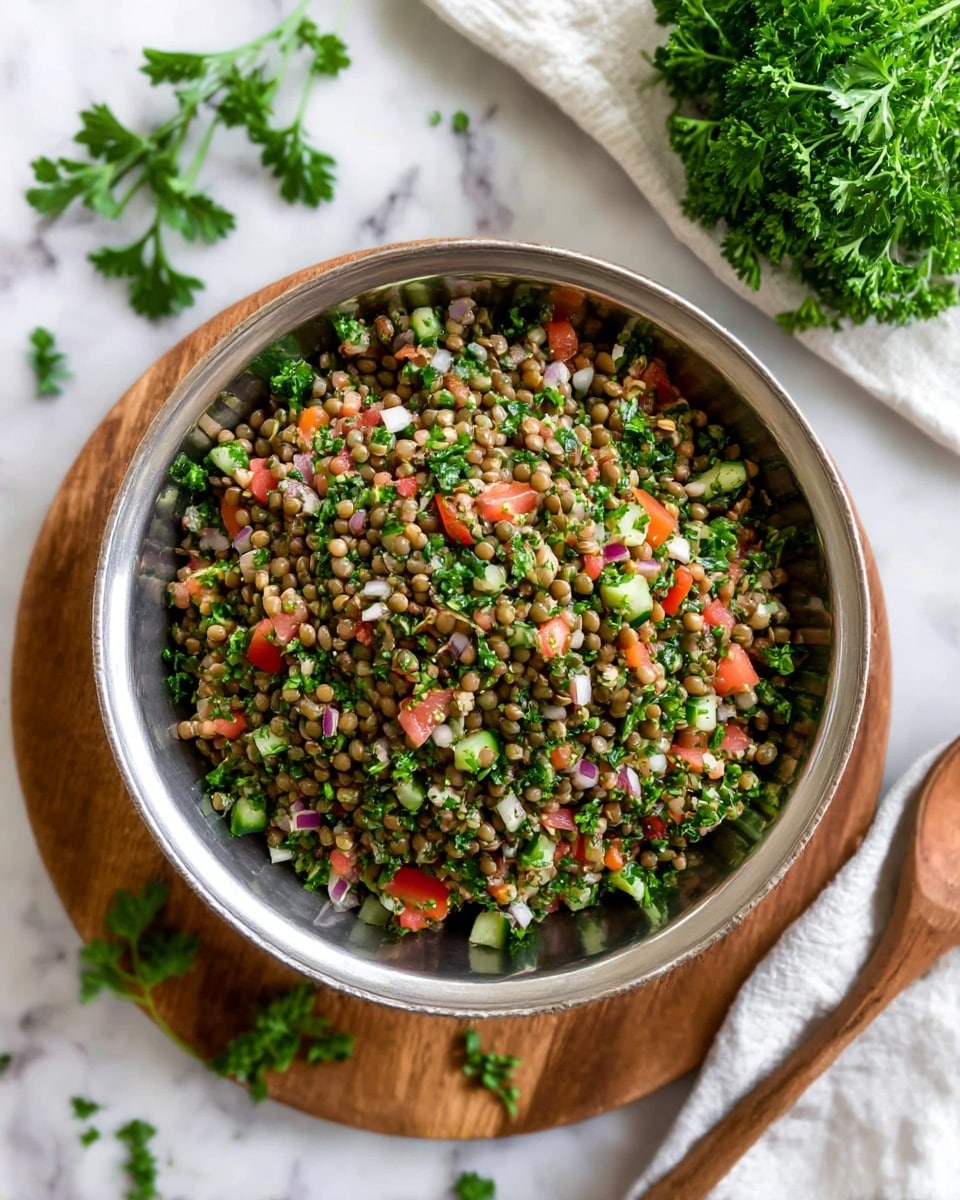 A bowl filled with a mixed lentil salad sits in the center of the image. The salad has multiple layers and colors: the base consists of green lentils, mixed throughout with finely chopped bright green parsley, small diced red tomatoes, cucumber pieces, and tiny bits of purple onion, creating a fresh, vibrant texture. The bowl is silver and rests on a round wooden board, placed on a white marbled surface with sprigs of fresh parsley scattered around. A wooden spoon lies on the right side, partially visible, adding a rustic touch. On the top right corner, a bunch of fresh green parsley is visible on a white cloth. photo taken with an iphone --ar 4:5 --v 7