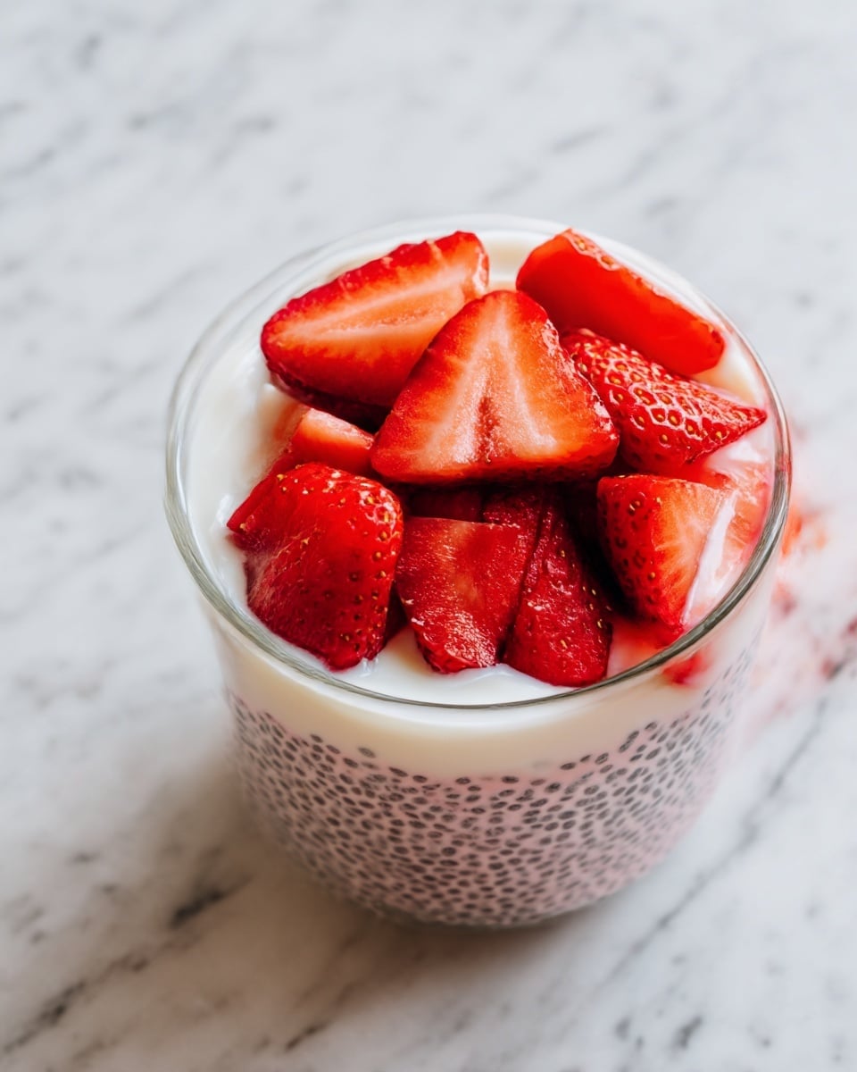 A clear glass shows three layers of a dessert on a white marbled surface. The bottom layer is made up of small, translucent chia seeds soaked in a light brown liquid, creating a textured and dotted pattern. Above this is a thick, smooth layer of pink mousse or cream that looks fluffy and slightly foamy. Topping the drink is a small swirl of white whipped cream with a soft, creamy texture that slightly spills over the pink layer. The glass has a simple rounded form, and the background is plain and softly blurred. photo taken with an iphone --ar 4:5 --v 7