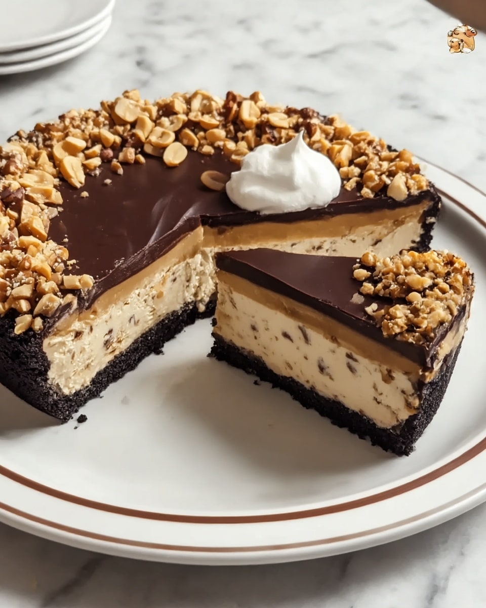 The image shows a pie with four clear layers on a white plate with a thin brown line near the edge, set on a white marbled surface. The bottom layer is a dark, crumbly crust, almost black in color. Above it is a thick, creamy light brown filling speckled with small darker bits. The third layer is a smooth, shiny dark chocolate ganache that covers the filling fully. The top is decorated with a dense sprinkle of crushed peanuts and chopped nuts, giving a crunchy look. On top of the chocolate layer, there is a small white dollop of cream peeking out from the front, near the missing slice. One slice is taken out, showing all the layers clearly. photo taken with an iphone --ar 4:5 --v 7