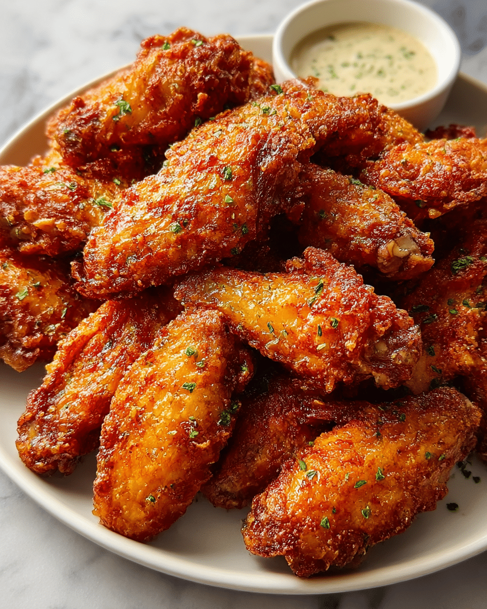 A white plate piled high with about twelve crispy fried chicken wings, each wing showing a rich golden-brown color with a slightly rough and crunchy texture from the crispy coating. The wings have a reddish tint from seasoning and are sprinkled lightly with small green herb bits. In the background, there is a small white dish with a light-colored dipping sauce, all placed on a white marbled surface. photo taken with an iphone --ar 4:5 --v 7