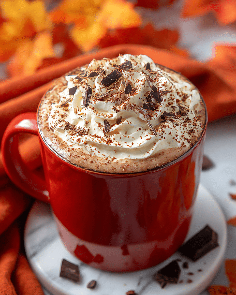 A red mug filled with a rich hot chocolate has a thick layer of creamy white whipped cream swirled on top, dusted with fine cocoa powder and sprinkled with irregular dark chocolate shavings. The mug sits on a small, round white marbled coaster, with some chocolate pieces scattered around. In the blurry background, there are autumn leaves in warm orange and yellow tones and a soft orange cloth, creating a cozy fall atmosphere. The lighting highlights the smooth, glossy texture of the mug and the light, fluffy texture of the whipped cream. photo taken with an iphone --ar 4:5 --v 7