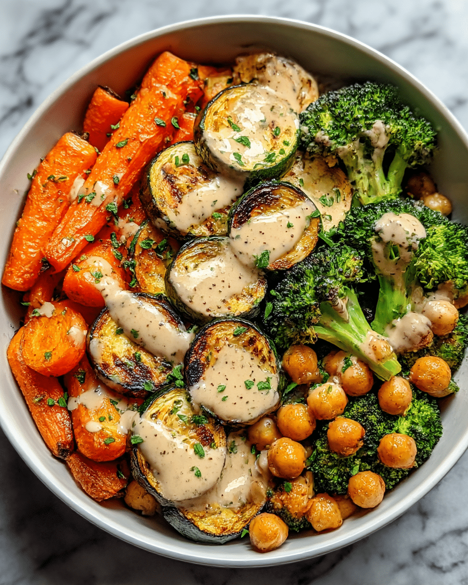 A bowl filled with a vibrant and colorful dish featuring multiple layers, starting with bright orange roasted carrots on the left, which are followed by golden-brown roasted zucchini slices with visible char marks in the middle, and fresh, bright green broccoli florets with slight grill marks on the right. Scattered chickpeas with a light brown color are spread throughout the bowl. The whole dish is generously drizzled with a creamy, light beige tahini sauce speckled with black pepper, and sprinkled with fresh, finely chopped green herbs. The white bowl sits on a white marbled surface. photo taken with an iphone --ar 4:5 --v 7