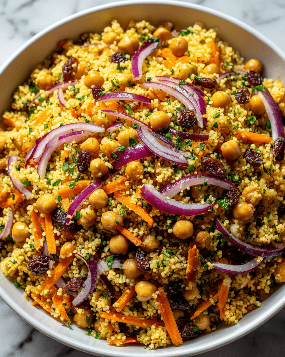 A large white bowl filled with a colorful couscous salad that has several visible layers: the base layer is fluffy, yellow couscous with a grainy texture; scattered throughout are medium brown chickpeas that add round, smooth shapes; thin slices of purple-red onion rings are spread on top and mixed in; there are small clusters of dark brown raisins providing contrast; bright orange shredded carrot pieces are sprinkled evenly across; finely chopped green herbs are scattered all over for freshness; the bowl is set on a white marbled surface. photo taken with an iphone --ar 4:5 --v 7