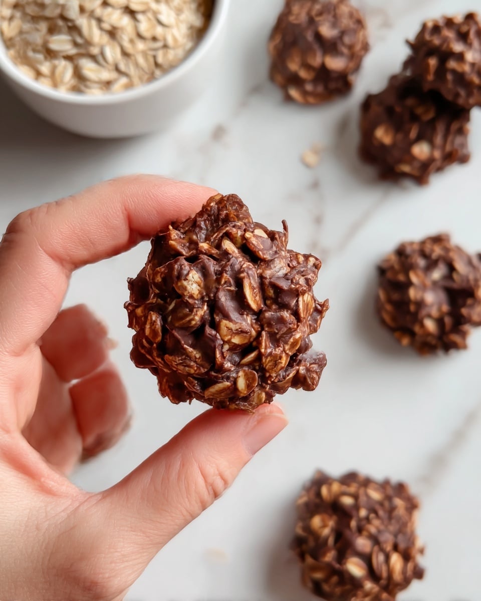 A close-up image shows a woman's hand holding a small, irregularly shaped chocolate oat cookie made from dark chocolate mixed with oats, giving it a bumpy texture with brown and tan oat pieces visible throughout. In the background, more cookies lie scattered on a white marbled surface along with a white bowl filled with dry oats. The cookies have a matte finish and uneven, chunky shapes, emphasizing their homemade look. photo taken with an iphone --ar 4:5 --v 7