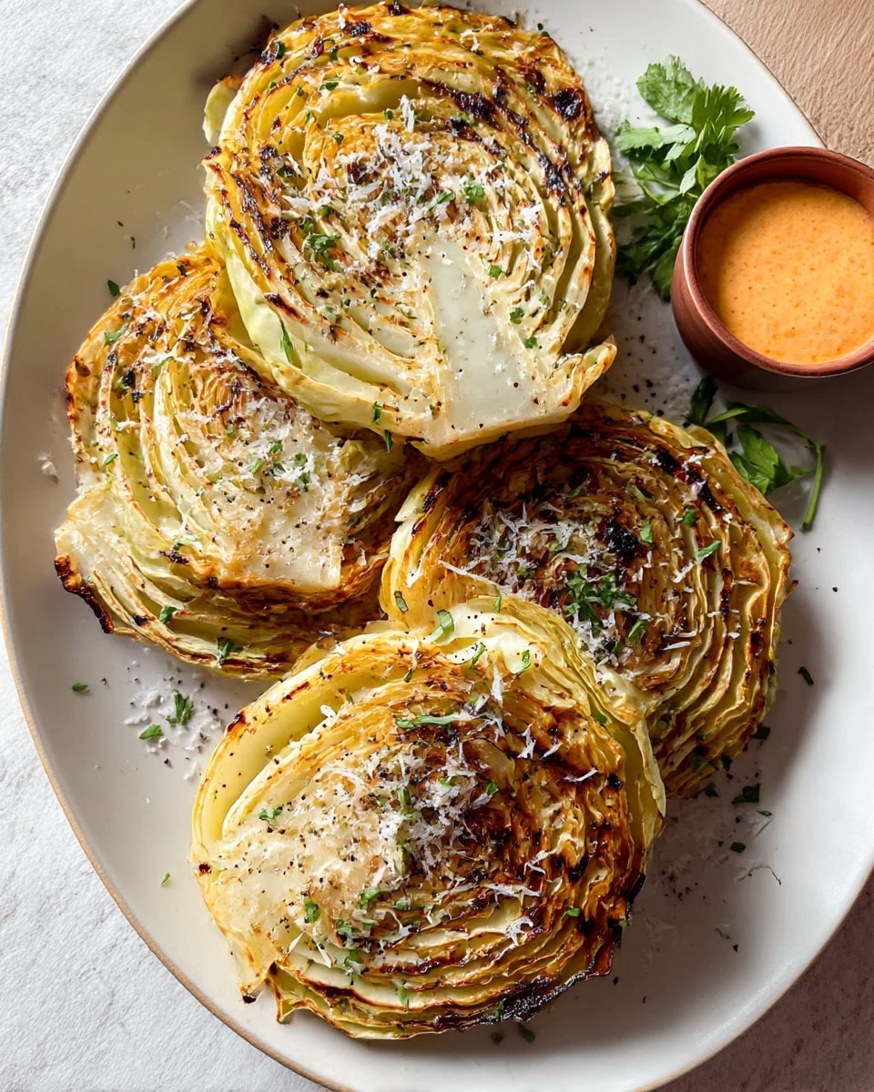 Three round grilled cabbage slices with visible char marks and browned edges sit stacked on a white plate. Each cabbage slice displays layers of tightly packed, light green and white leaves. The cabbage is sprinkled with chopped green herbs and black pepper, adding specks of bright green and dark contrast on the surface. To the back right of the plate is a small container filled with a reddish-orange creamy sauce, and some fresh green herbs are placed beside it. The plate rests on a white marbled textured surface. photo taken with an iphone --ar 4:5 --v 7