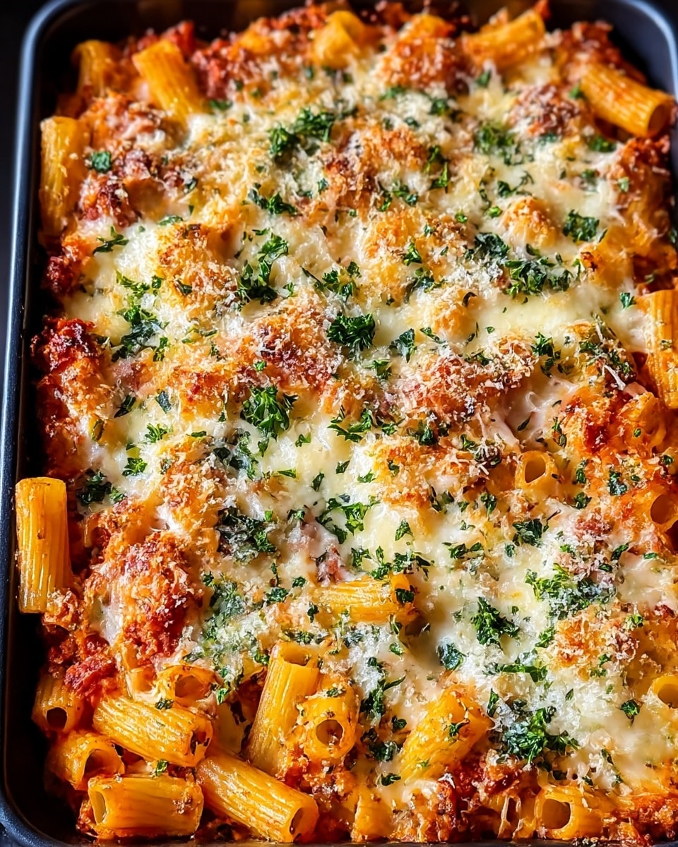 A close-up of a baked pasta dish in a dark baking pan showing three visible layers; the bottom layer is pasta tubes mixed with red tomato sauce and bits of cooked meat, the middle layer is melted white cheese covering the pasta, and the top layer has a sprinkling of grated white cheese and chopped green herbs evenly spread. The pasta looks soft with browned spots on the cheese. The pane rests on a white marbled surface. photo taken with an iphone --ar 4:5 --v 7
