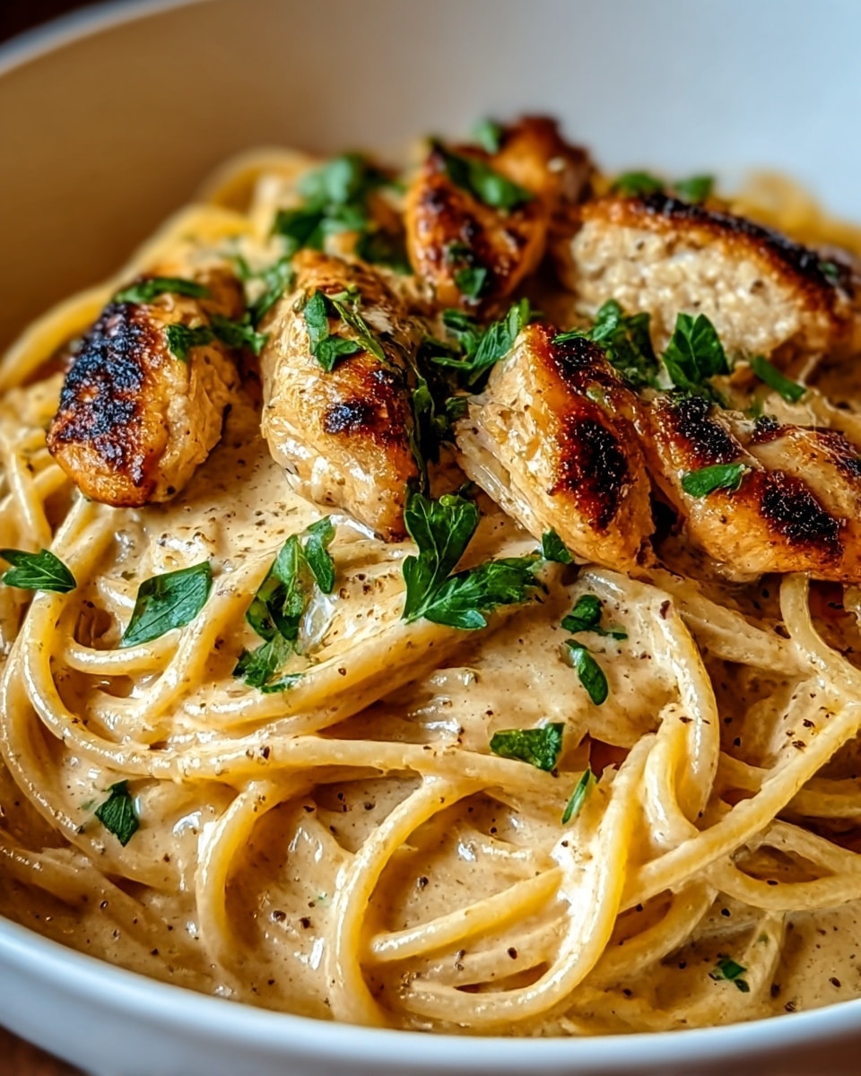 A white bowl holds creamy spaghetti coated in a rich, light beige sauce with a smooth texture. On top, several pieces of grilled chicken sit, showing a golden brown color with dark char marks. Scattered green parsley leaves add a fresh contrast, while small black pepper specks are sprinkled over the dish. The spaghetti strands are slightly tangled and glossy from the sauce, resting at the bottom with the chicken pieces layered above. photo taken with an iphone --ar 4:5 --v 7