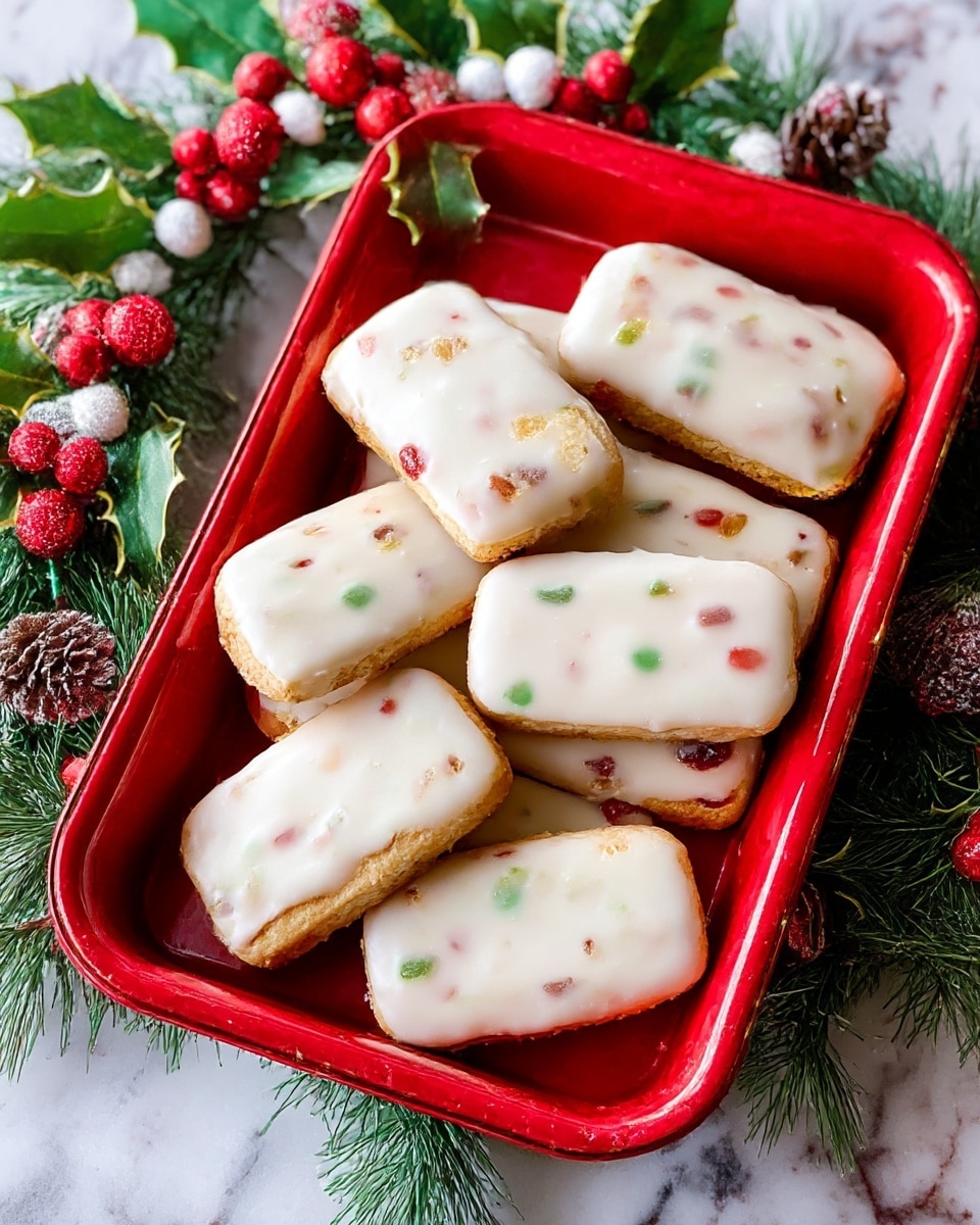 The image shows a red tray filled with rectangular and rounded cookies covered in a smooth, white icing. The cookies have colorful bits of red, green, and some brown visible through the icing, suggesting pieces of candied fruit inside. The icing appears thick and glossy, evenly spread to cover the top of each cookie. The tray is surrounded by a green wreath decorated with red and white berries and pine cones, all set on a white marbled surface. Photo taken with an iphone --ar 4:5 --v 7