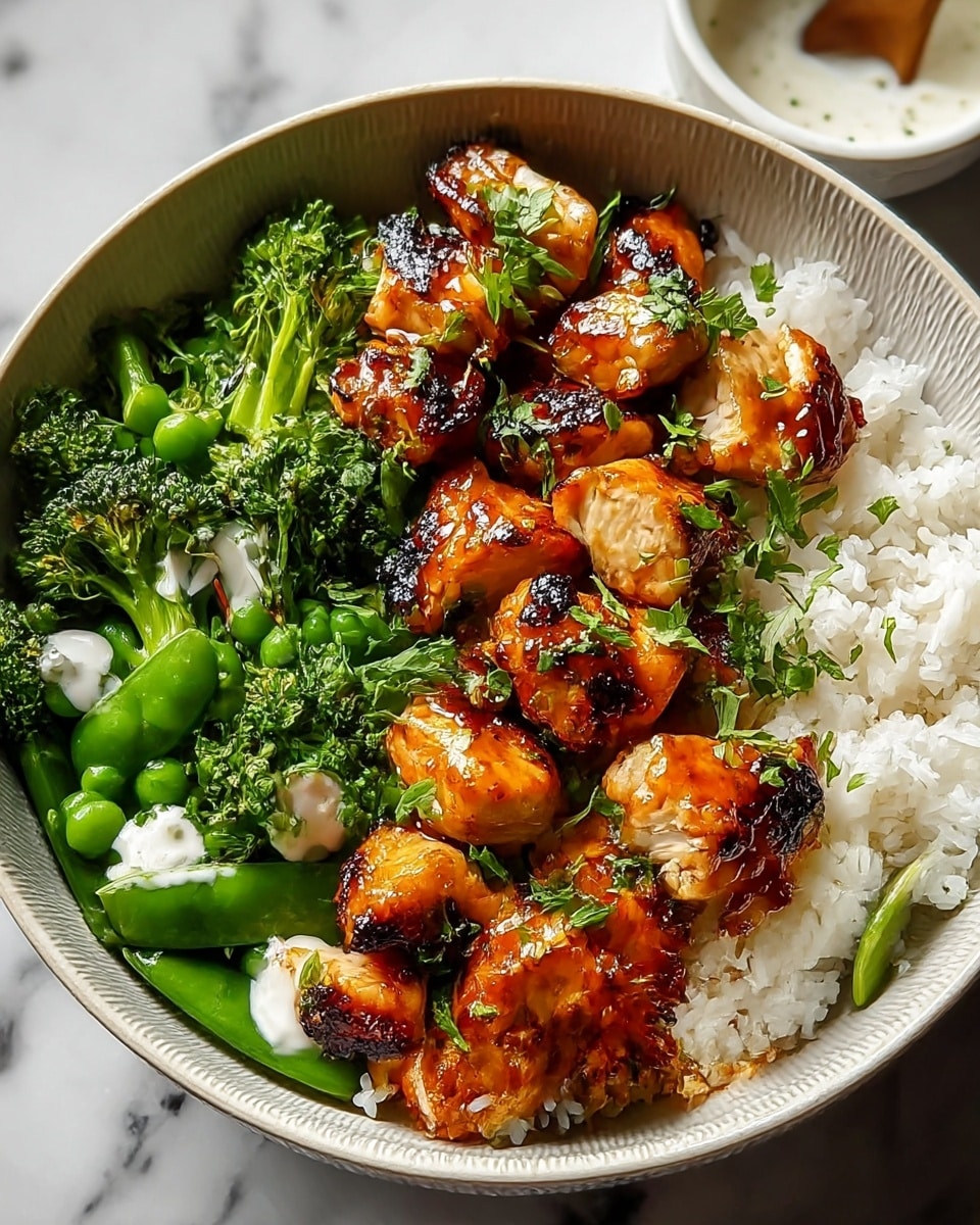 A white bowl contains a three-layer dish starting with a base of light beige quinoa with small round grains, topped with bright green steamed broccoli pieces and florets on one side, drizzled with white creamy sauce. The main focus is on the grilled chicken chunks that are golden brown with slightly charred edges and coated in a shiny orange sauce, sprinkled with chopped green herbs. The bowl is placed on a white marbled surface, and a spoon is dipped into the broccoli side. Photo taken with an iphone --ar 4:5 --v 7