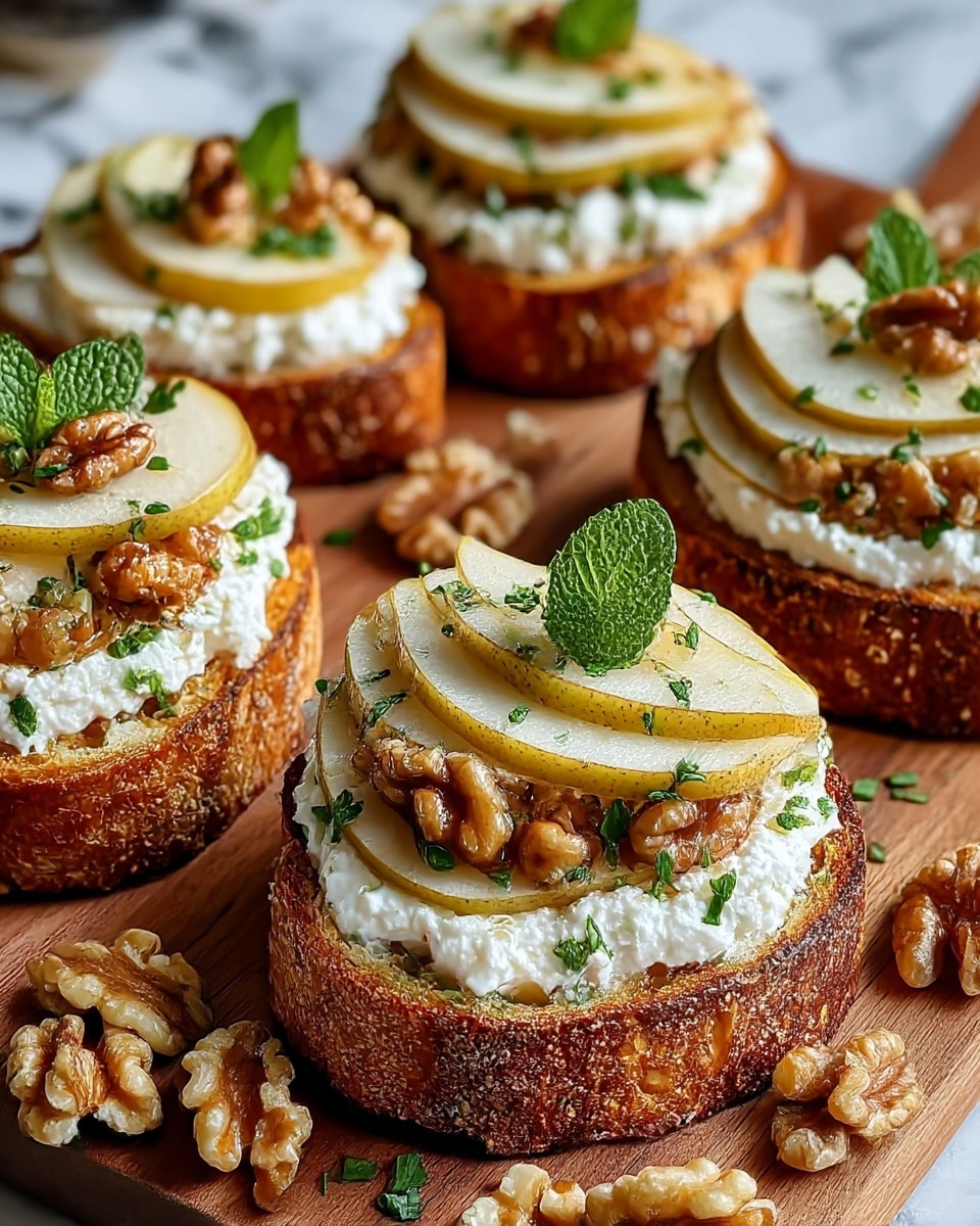 The image shows several servings of toasted thick bread slices topped with a thick layer of white ricotta cheese. On top of the cheese are thin, round pale yellow pear slices arranged in layers. Over the pear slices, there are clusters of glossy brown walnuts and small chopped green herbs sprinkled across. Each piece is finished with a small fresh mint leaf on top. The toasts are placed on a wooden board with extra walnuts scattered around, and the background has a white marbled texture. photo taken with an iphone --ar 4:5 --v 7