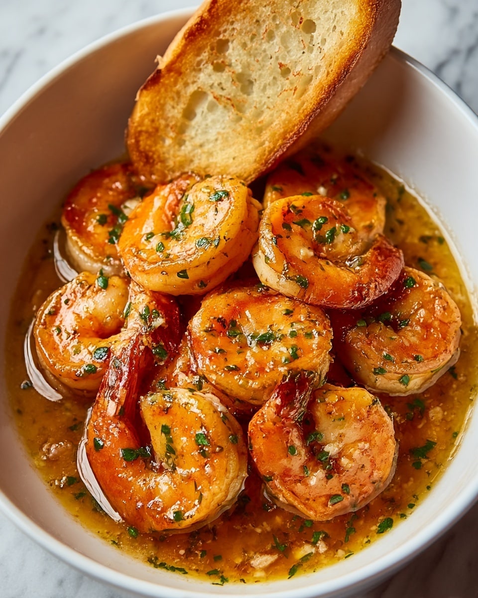 The dish shows a white bowl filled with cooked shrimp that are bright orange with a light char, glistening in a golden garlic butter sauce speckled with finely chopped green herbs. The shrimp are arranged in overlapping layers, showing their curved shape and slightly translucent white flesh under the orange shell edges. In the top part of the bowl, a piece of light golden toasted bread rests, leaning against the shrimp. The sauce pools around the shrimp with a shiny, smooth texture, and small bits of herbs float in it. The bowl sits on a white marbled surface. photo taken with an iphone --ar 4:5 --v 7