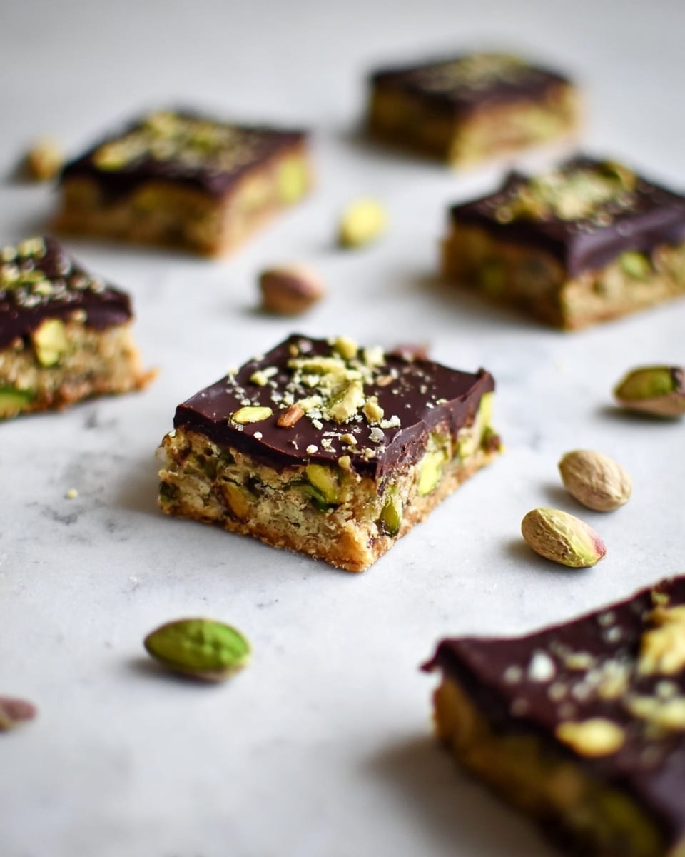 The image shows several square snack bars placed on a flat white marbled surface. Each bar has two visible layers: the bottom layer is a light brown mix with visible pieces of green pistachio nuts and other nuts embedded throughout, while the top layer is a glossy dark chocolate coating sprinkled lightly with crushed nuts, adding texture and brightness. The bars are arranged in a scattered manner with some whole pistachios also lying on the surface near the bars, giving an inviting, homemade feel. The focus is sharp on the closest bar, with others softly blurred in the background. photo taken with an iphone --ar 4:5 --v 7