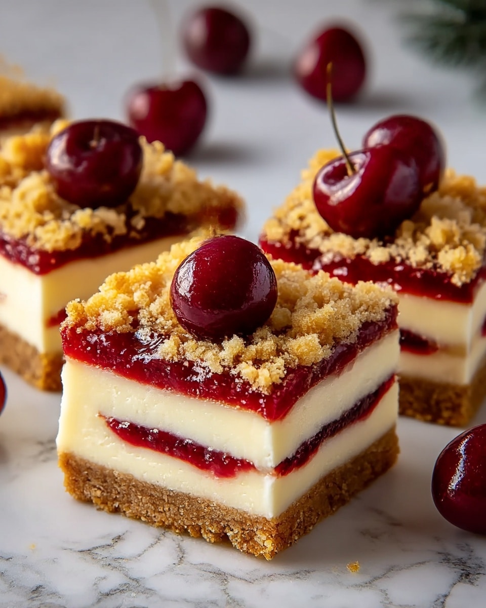 This image shows close-up of four cheesecake squares on a white marbled surface. Each square has four layers: a crumbly light brown base, a thick smooth cream-colored cheesecake layer above it, a bright red cherry jam layer next, and a golden crumb topping layer on top. Three fresh shiny dark red cherries sit on the crumb topping, adding a pop of color and texture. The cheesecake edges are clean and sharp, highlighting the contrast between layers. photo taken with an iphone --ar 4:5 --v 7