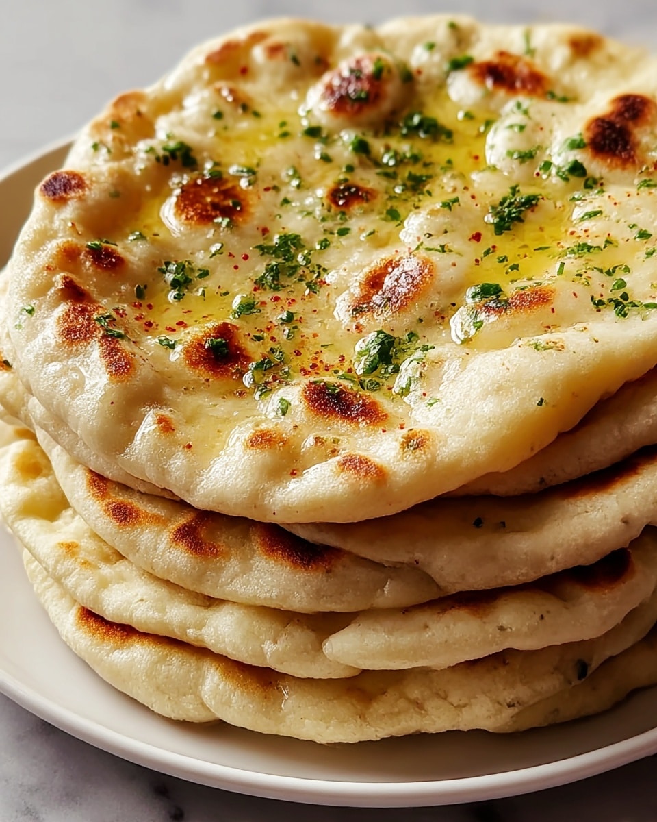 A close-up view of a stack of five flatbreads on a white plate, each bread soft and lightly browned with uneven round shapes; the top flatbread is brushed with melted butter, sprinkled with finely chopped green herbs and a light dusting of red spices, showing a shiny, slightly bubbly texture with golden toasted spots; the flatbreads underneath are pale with subtle golden patches and a tender look, all resting on a white marbled surface; photo taken with an iphone --ar 4:5 --v 7