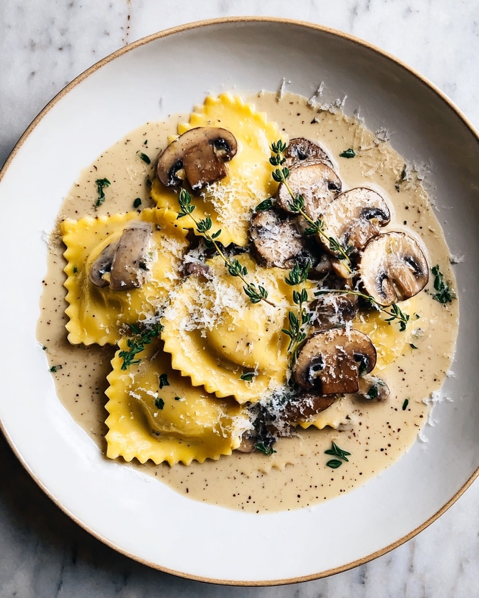 A white plate holds a creamy mushroom sauce base with a light beige color and specks of black pepper, spread evenly across the bottom. On top are several pieces of yellow ravioli with scalloped edges, slightly glossy from the sauce. Mixed in between the ravioli are slices of cooked mushrooms, light to dark brown in color with a soft texture. Fresh green thyme sprigs are scattered over the dish, adding a touch of color and freshness. The ravioli and mushrooms are sprinkled lightly with grated white cheese. The plate is set on a white marbled textured surface. photo taken with an iphone --ar 4:5 --v 7