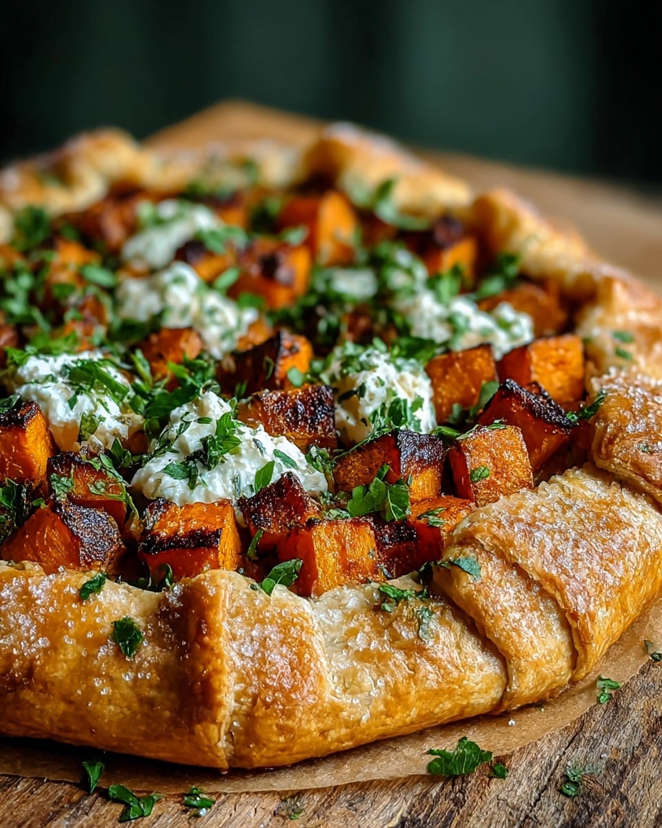 A golden-brown flaky crust forms the outer layer of this round galette, with sugar crystals visible on its crispy edges. Inside the crust, there is a layer of caramelized, orange roasted butternut squash cubes that have dark browned spots. Dollops of creamy white cheese are scattered on top of the squash, complemented by bright green chopped parsley leaves sprinkled over the whole galette. The crust is folded loosely around the filling, creating high, uneven edges that hold the ingredients in place. The galette is placed on a rustic wooden surface with a soft-focus dark green background. photo taken with an iphone --ar 4:5 --v 7
