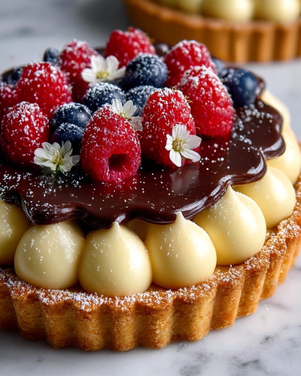 A round tart with a golden crumbly crust forms the base layer, filled with smooth pale yellow cream that is piped in large, round dollops around the edge. On top of the cream, there is a glossy dark chocolate layer with a slightly wavy border that covers the middle. The chocolate is decorated with fresh red raspberries and dark blue blueberries, lightly dusted with powdered sugar. Small white edible flowers are placed among the berries, adding a delicate touch. The tart sits on a white marbled surface. photo taken with an iphone --ar 4:5 --v 7