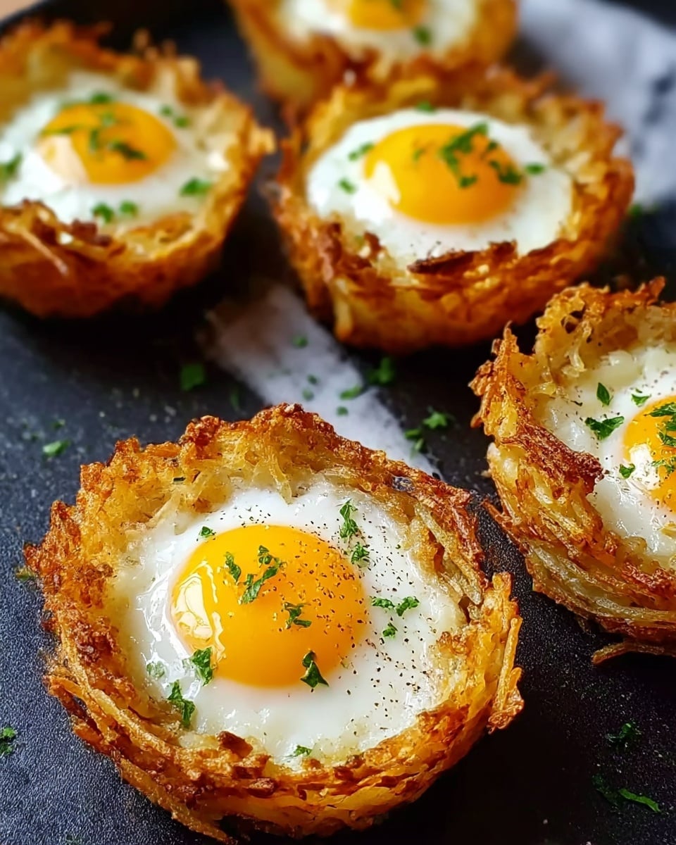 The image shows four crispy nest-like cups made of golden-brown shredded potatoes, each holding a fried egg in the center. The egg whites are smooth and cooked, surrounding bright yellow yolks that look slightly runny. Each yolk is topped with small sprinkles of chopped green herbs and a light dash of black pepper. The nests are placed on a dark cooking surface, with the white marbled texture visible in the background. The edges of the potato nests look crunchy and uneven, adding texture contrast to the soft eggs inside. Photo taken with an iphone --ar 4:5 --v 7