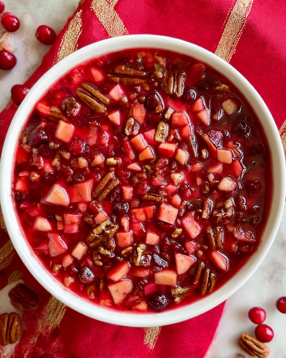 The image shows a white bowl filled with a vibrant red mixture that looks like a fruit relish or sauce. The dish contains many small, diced pieces of pinkish apples and darker red cherries or cranberries mixed throughout. Brown pecan halves and pieces are scattered evenly, adding texture and contrast to the bright red and pink ingredients. The bowl sits on a red cloth with beige stripes, and some pecans and red berries are scattered around the bowl on the white marbled surface. The mixture looks juicy and fresh with a glossy, slightly thick liquid holding all the pieces together. photo taken with an iphone --ar 4:5 --v 7