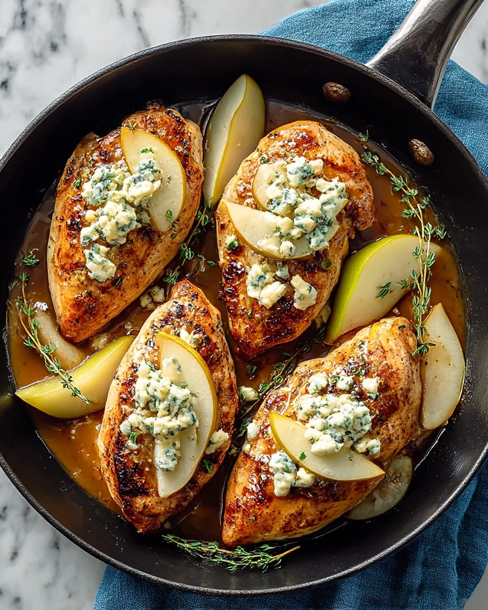 Three golden brown grilled chicken breasts sit in a black pan, each topped with crumbled blue cheese and small slices of cooked pear. Around the chicken breasts are additional slices of pear and sprigs of fresh green thyme, all resting in a glossy brown sauce. The pan is placed on a white marbled surface with a blue cloth partly underneath it. Photo taken with an iphone --ar 4:5 --v 7