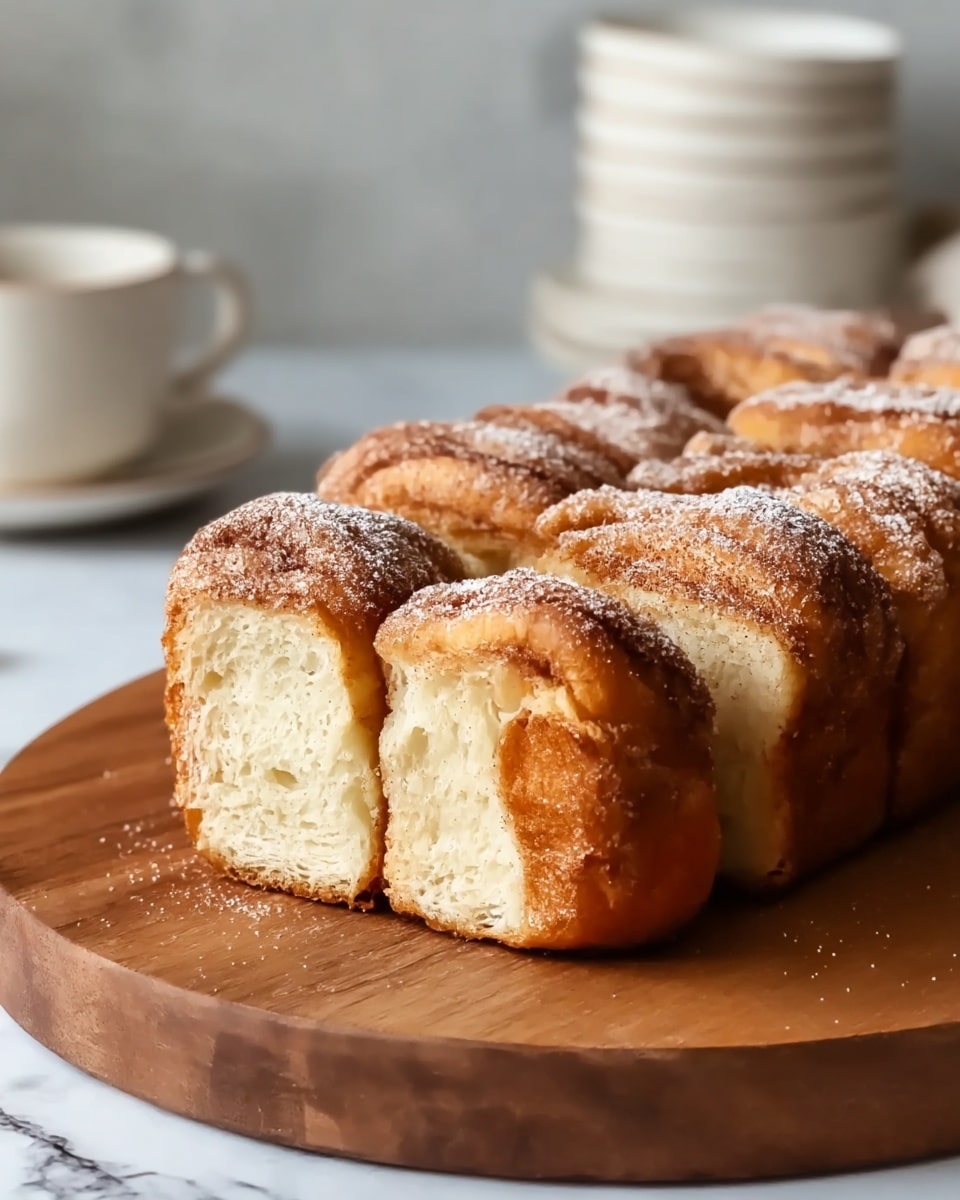 A loaf of cinnamon pull-apart bread sits on a round wooden board, showcasing several puffy, golden-brown layers with a soft, fluffy cream-colored inside. Each section is coated with a swirled cinnamon sugar mixture that adds a textured, slightly crispy layer over the top and inside the bread, while a dusting of powdered sugar lightly covers the surface. The pull-apart bread has about four layers of soft dough with cinnamon layers in between. In the blurred background, stacked white cups and a white cup with a saucer are visible on a white marbled texture surface. photo taken with an iphone --ar 4:5 --v 7
