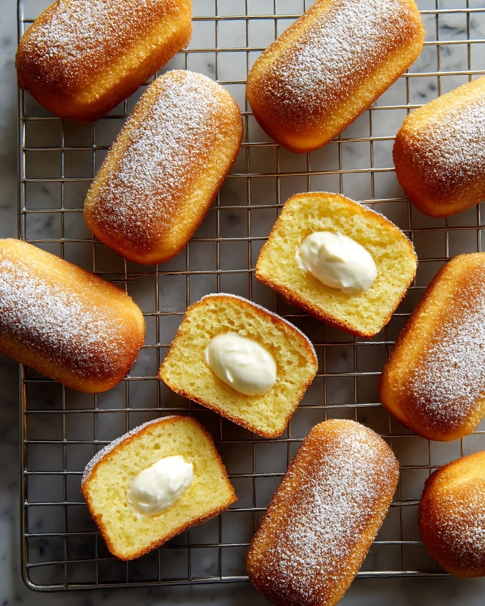 The image shows nine small, rectangular golden brown cakes with a light dusting of powdered sugar on top, arranged on a metal cooling rack over a white marbled surface. One cake is cut in half, revealing a soft, light yellow inside with a dollop of white cream in the center of each half, showing two layers of cake around the creamy middle. The cakes have a smooth, slightly shiny crust with a spongy texture visible inside. photo taken with an iphone --ar 4:5 --v 7
