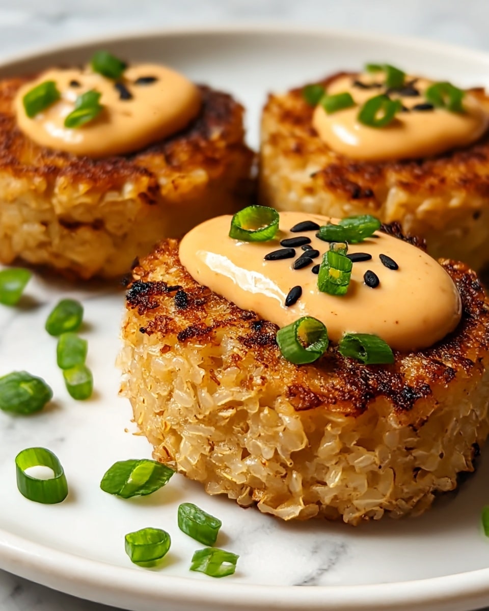 Three round, golden-brown crispy rice cakes are placed closely on a white plate. Each cake has a textured surface showing cooked rice grains with a crunchy, browned crust on top and sides. On top of each rice cake is a smooth, light orange sauce dolloped near the center, garnished with small black sesame seeds and chopped fresh green onions. More scattered chopped green onions are visible on the plate around the cakes. The setting has a bright feel with a white marbled texture underneath the plate. photo taken with an iphone --ar 4:5 --v 7