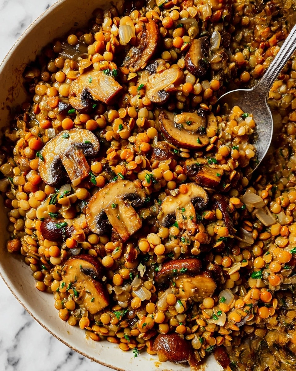 A close-up view of a cooked lentil dish with orange, green, and beige lentils mixed with sliced brown mushrooms, and small bits of green herbs scattered throughout. The lentils are soft and slightly shiny, mixed evenly with the mushrooms, which have a tender, slightly glossy texture. A metal spoon is partially visible in the mix. The whole dish sits on a white marbled surface. photo taken with an iphone --ar 4:5 --v 7