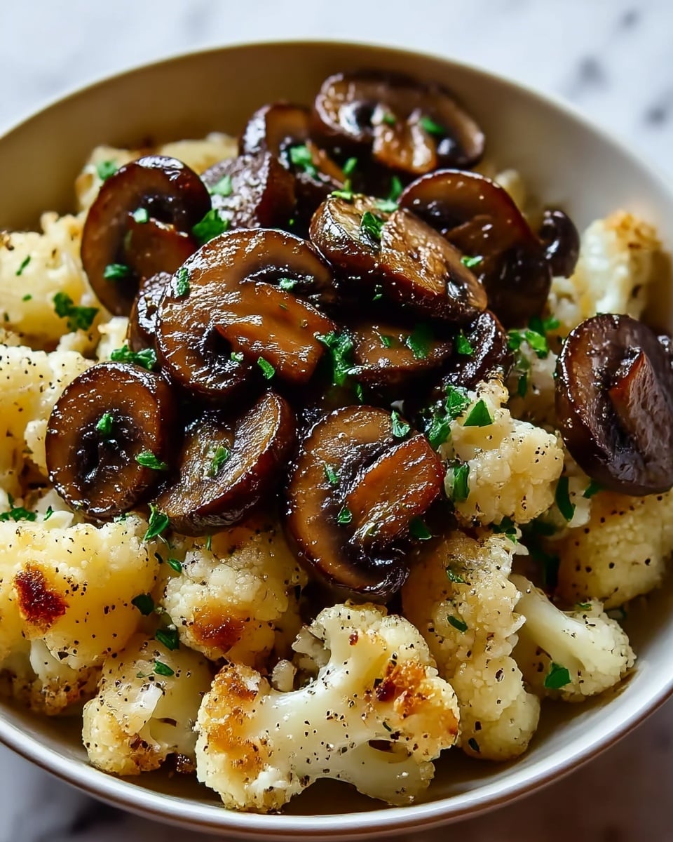 The image shows a dish with two visible layers inside a white bowl: the bottom layer is light-colored roasted cauliflower florets with a slightly crispy texture and light browning on top, while the top layer consists of dark brown sautéed mushroom slices with a shiny, glazed look. Small bits of chopped green herbs are sprinkled evenly across the dish, adding a touch of color. The vegetables have a speckling of ground black pepper and an overall fresh, hearty appearance. The photo is taken close up on a white marbled surface. Photo taken with an iphone --ar 4:5 --v 7