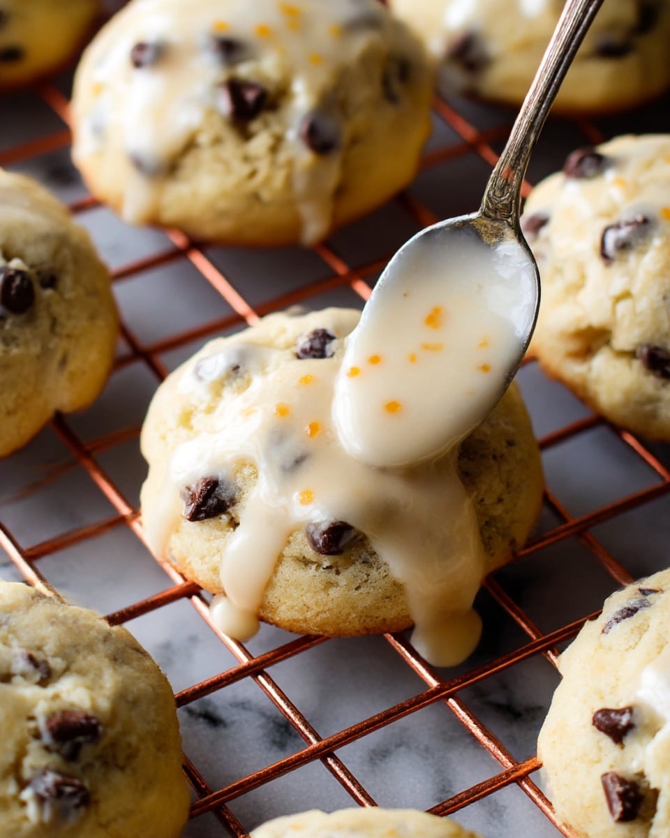 A close-up view of several soft, round chocolate chip cookies resting on a copper cooling rack, each cookie light golden with dark chocolate chips embedded throughout. In the center, a spoon drizzles smooth, pale cream-colored glaze with small orange specks over the top of one cookie, creating a glossy layer that drips slightly down its sides. The cookies have a slightly uneven, fluffy texture, and the copper grid underneath contrasts with their soft look. The background has a white marbled texture. photo taken with an iphone --ar 4:5 --v 7