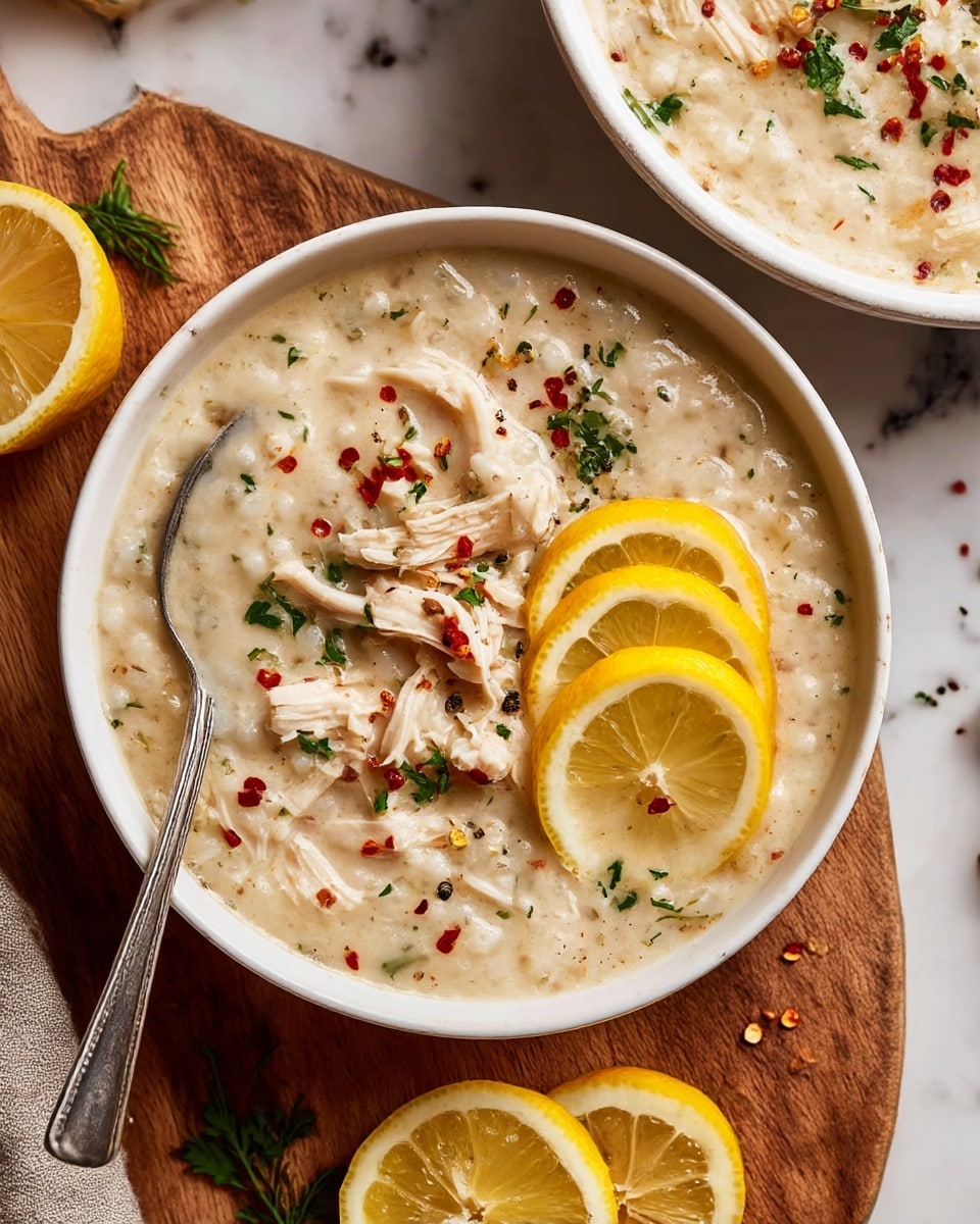 The image shows a white bowl filled with creamy chicken and rice soup. The soup is thick with visible chunks of shredded white chicken and small grains of rice throughout. On top, there are three thin, round slices of yellow lemon placed on one side near the rim. The surface of the soup is sprinkled with small green herb leaves, red chili flakes, and black pepper. A silver spoon rests inside the bowl on the left side, partially submerged in the soup. The bowl sits on a wooden board, with a squeezed half lemon and some lemon slices nearby. In the upper right corner, part of a white bowl filled with more of the same soup is visible, set on a white marbled surface photo taken with an iphone --ar 4:5 --v 7