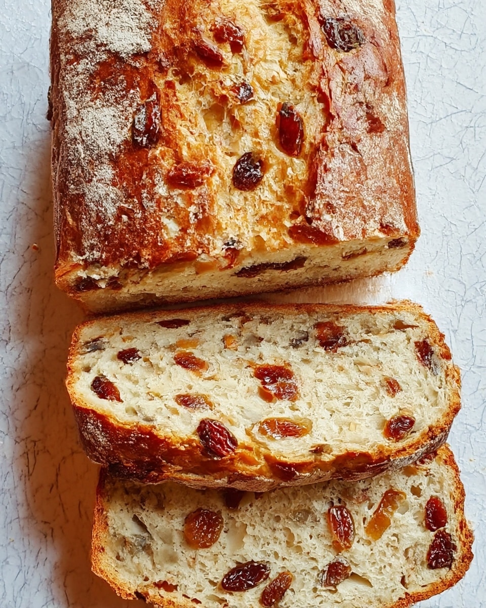 The image shows a loaf of fruit bread placed on a white marbled textured surface. The bread is sliced into three pieces: one thick slice at the top, revealing a golden-brown crust with a slightly shiny texture, and two thinner slices below it, exposing the soft, light beige inside. The bread is filled with evenly spread small pieces of dried fruit that are dark brown and reddish in color, adding a contrast to the light bread. The crust looks slightly crispy with some cracks and flour dust. The overall look is rustic and fresh. photo taken with an iphone --ar 4:5 --v 7