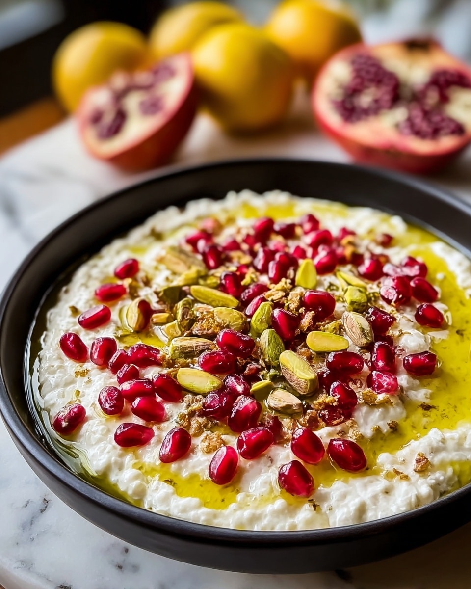 A shallow black bowl holds a creamy white base with a slightly lumpy texture, topped with bright red pomegranate seeds scattered across the surface. On top, there are chunks of light yellow pistachios and small bits of a crunchy brown element evenly spread around. A vibrant greenish-yellow oil is drizzled generously over the dish, pooling in the center and around the edges. The bowl sits on a white marbled surface with blurred lemons and halved pomegranates in the background. photo taken with an iphone --ar 4:5 --v 7