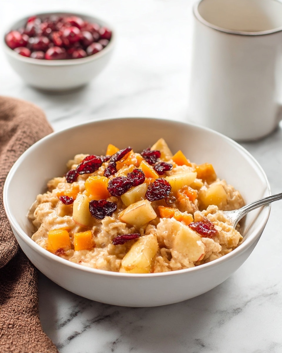 A white bowl filled with a mixture of soft oatmeal and chunks of yellow apples as the base layer, topped with small orange carrot pieces and dark red dried cranberries scattered on top. The oatmeal looks creamy and slightly chunky, with the apples adding a moist, soft texture, while the cranberries add bursts of color. The bowl is placed on a white marbled surface with a fork resting inside the bowl on the right side, partially lifting some of the oatmeal mixture. In the background, a white bowl with more dried cranberries is slightly out of focus, along with a white ceramic mug on the right side. A brown textured cloth is partly visible on the left side near the bowl. Photo taken with an iphone --ar 4:5 --v 7