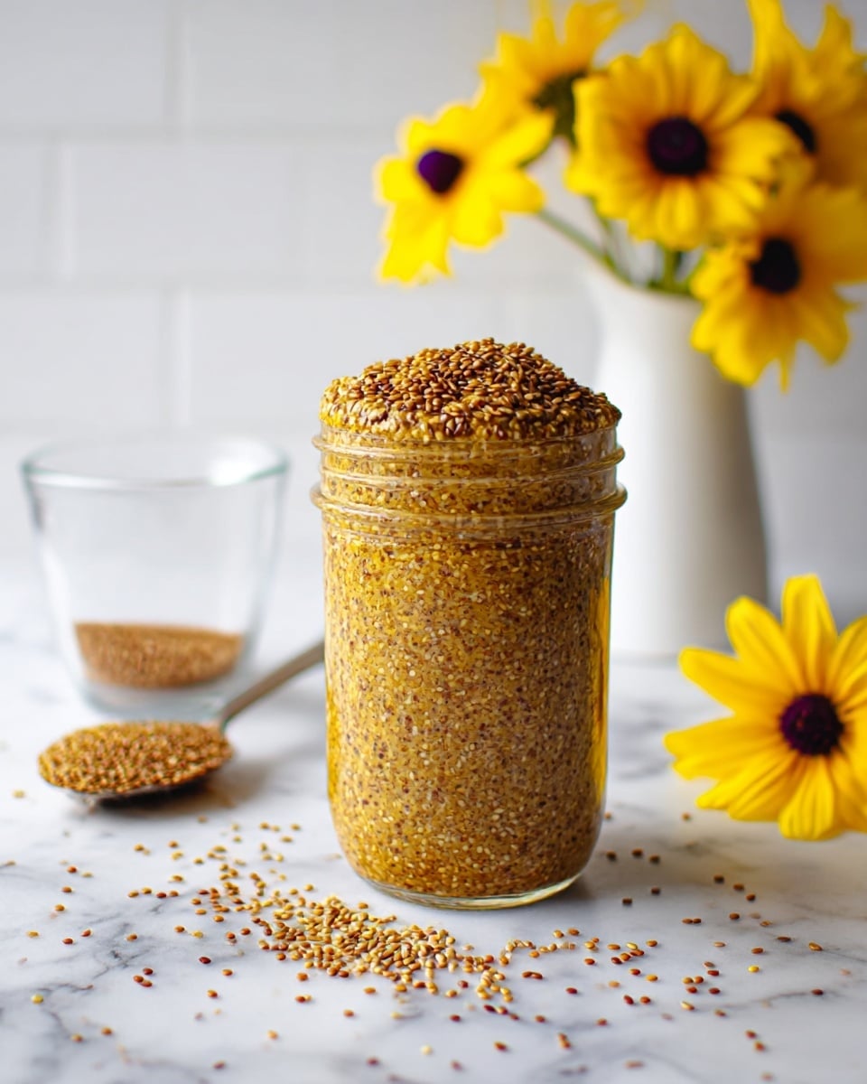 A glass jar filled with coarse grain mustard, stacked high with textured brown and yellow mustard seeds visible throughout a thick paste. The jar sits on a white marbled surface with scattered mustard seeds around it. In the background, a clear glass holds more mustard seeds, and a white vase with bright yellow flowers with dark centers adds a cheerful touch to the scene. More yellow flowers lay on the white marbled surface nearby. photo taken with an iphone --ar 4:5 --v 7