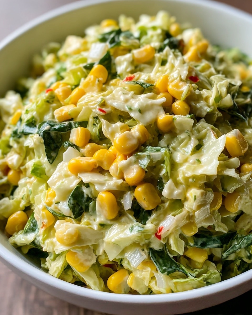 A close-up of a fresh salad in a white bowl, showing a mix of chopped light green cabbage and bright yellow corn kernels spread evenly throughout. Dark green leafy pieces are scattered around, adding color contrast to the mostly pale yellow and green mix. The texture looks creamy and slightly chunky, with visible small bits of red pepper and finely diced onions mixed in. The salad fills the bowl fully, creating a soft mound with a fresh and inviting look. Photo taken with an iphone --ar 4:5 --v 7