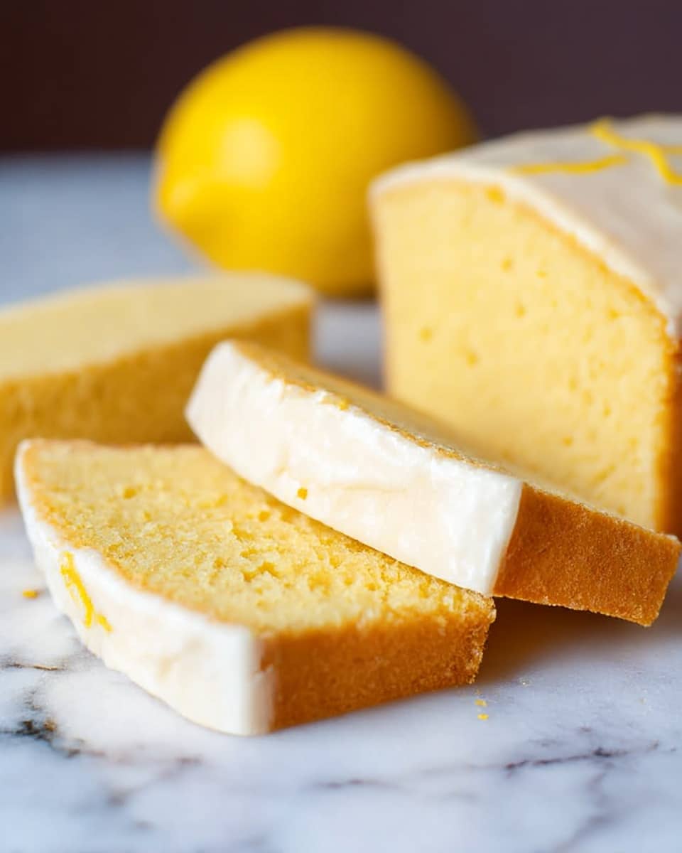 The image shows a lemon cake sliced on a white marbled surface. There are four visible slices in the front, each with a light yellow soft inside and a thin white icing layer on top. Behind the slices is a larger unsliced piece of the same cake with the same yellow texture and white icing on the top. In the background, a whole bright yellow lemon is placed slightly out of focus. The cake's texture looks moist and spongy, and the icing appears smooth and slightly shiny. Photo taken with an iphone --ar 4:5 --v 7