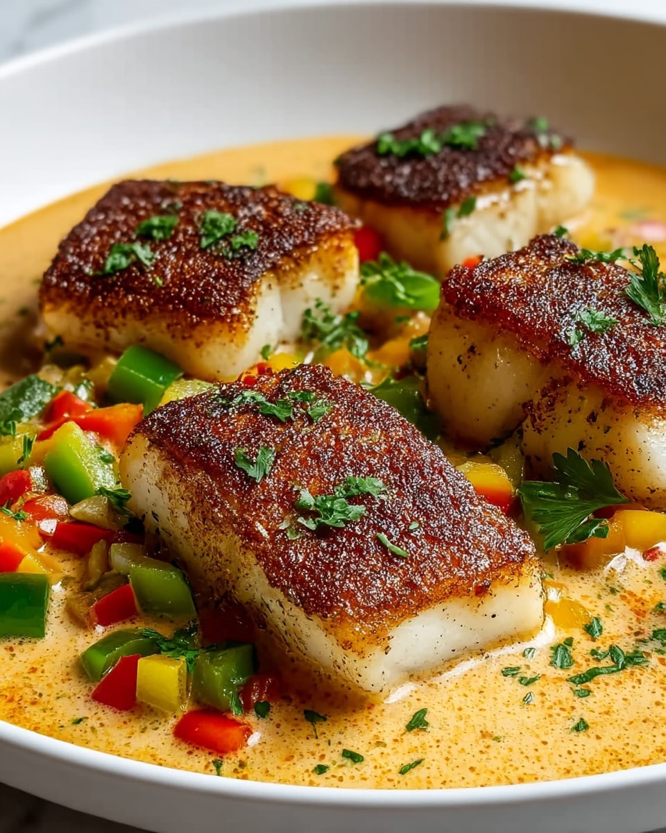 This dish shows four thick pieces of fish with a dark brown, crispy crust on top, resting on a creamy light orange sauce. Around and under the fish, there are small diced pieces of colorful vegetables including green, red, and yellow peppers. Fresh green parsley leaves are sprinkled over the fish and sauce for garnish. All this is served on a white plate, placed on a white marbled surface. photo taken with an iphone --ar 4:5 --v 7