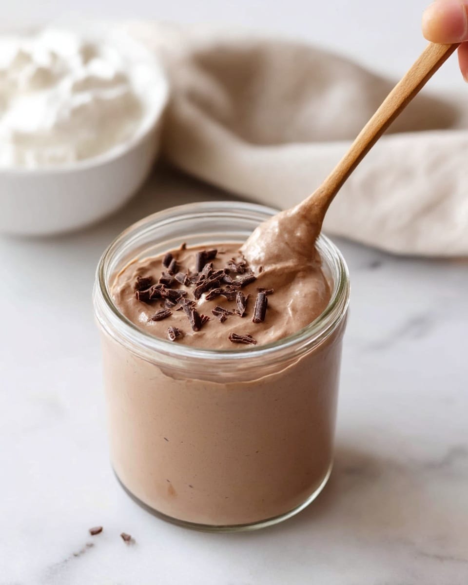 A clear glass jar filled with smooth, creamy chocolate mousse that has a light brown color and a fluffy texture, topped with small chocolate shavings scattered on the surface; a wooden spoon is dipped into the mousse from the top right side of the jar. The jar sits on a white marbled surface with a blurred white bowl of whipped cream in the background and a soft beige cloth partially visible behind the jar. photo taken with an iphone --ar 4:5 --v 7