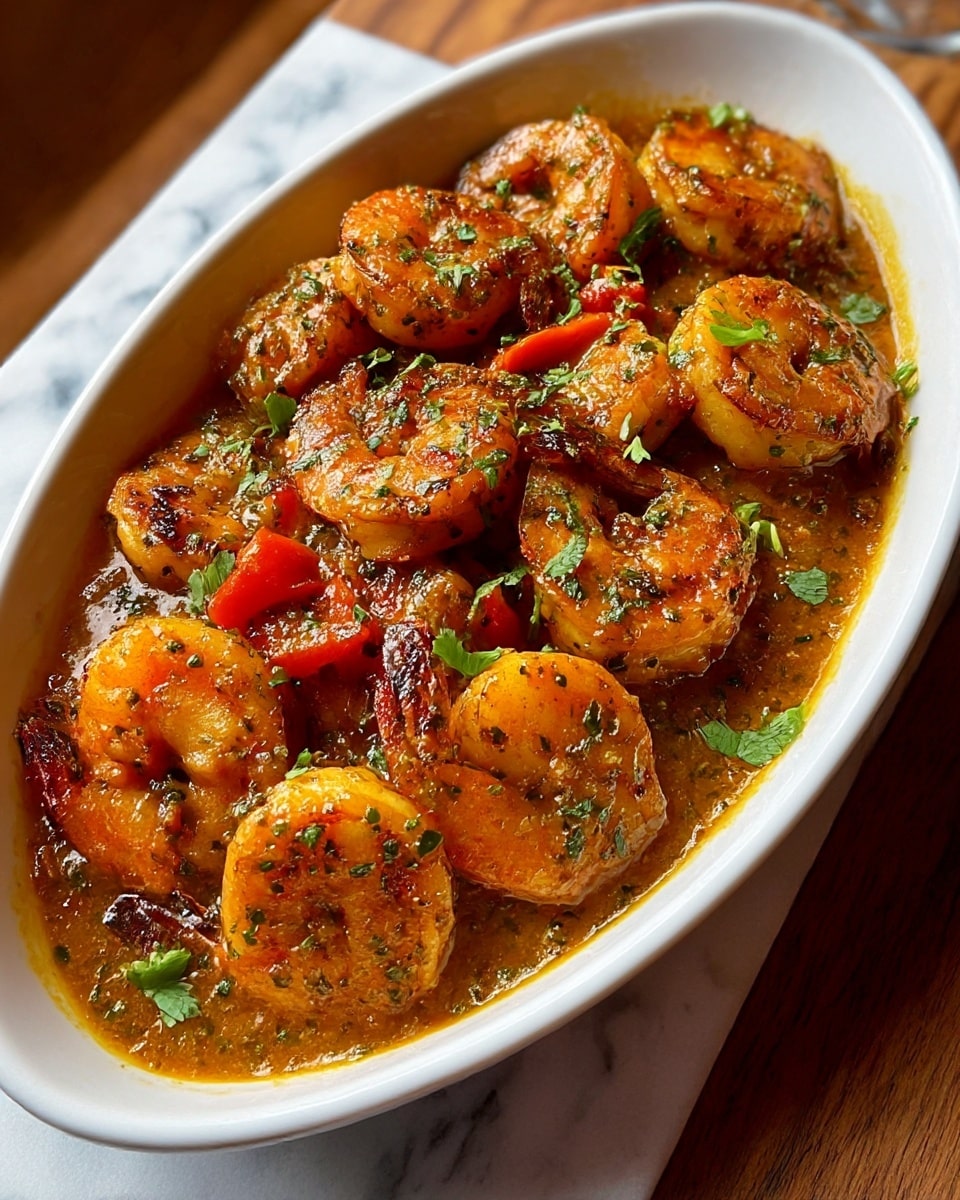 A white oval dish filled with cooked shrimp covered in a thick reddish-orange sauce, with visible herbs sprinkled on top and pieces of red pepper mixed in. The shrimp are arranged closely, showing some char marks and a shiny, glazed texture. The sauce underneath is rich and has a smooth, slightly chunky consistency with a golden-brown color. Small green herb leaves are scattered evenly for garnish. The dish is placed on a wooden surface with the edge of a white marbled background visible. Photo taken with an iphone --ar 4:5 --v 7