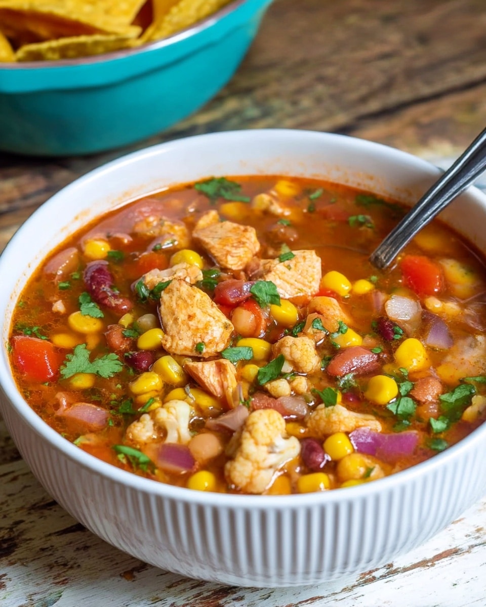 A bowl filled with a colorful chunky soup showing many ingredients like cooked chicken chunks with a light brown sear, yellow corn, red bell peppers, small brown beans, finely chopped red onions, cauliflower pieces, and green cilantro leaves floating in a reddish-brown broth. A silver spoon is partially dipped on the right side of the bowl, stirring the soup. The bowl is plain white with small vertical ridges on the outside, placed on a white marbled surface with a rustic wooden background slightly blurred. A turquoise bowl with yellow tortilla chips is in the background. photo taken with an iphone --ar 4:5 --v 7