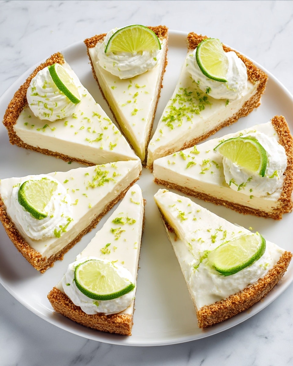 A round lime pie cut into eight slices sits on a white plate placed over a white marbled surface. The pie has three visible layers: a thick, crumbly brown crust forming a raised edge around the pie, a smooth creamy white filling layer in the middle, and dollops of white whipped cream on top near the crust. Each slice is decorated with two thin semicircular green lime slices placed on the whipped cream, and bright green lime zest is sprinkled lightly over the surface of the pie filling, adding a textured, fresh look. Photo taken with an iphone --ar 4:5 --v 7